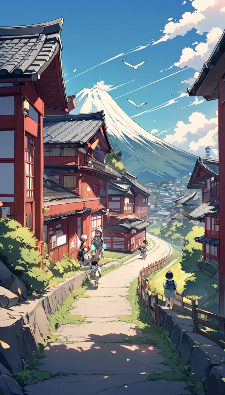 Under a clear blue sky、Two children are standing on a slope in a rural town in Japan。The majestic Mount Fuji stands in the background.、The snow is shining beautifully.。The sky is clear、White clouds scattered。Traditional Japanese houses line both sides of the road.、Lush tree々Where々Seen in。The children are carrying backpacks、Summer Clear々It seems that they are enjoying a nice day.。There are some birds flying in the sky、Quiet and peaceful countryside scenery。Two children are standing on a slope。
The majestic Mount Fuji stands in the background.。
The sky is clear.、White clouds scattered。
Traditional Japanese houses line both sides of the road.。
Lush tree々Where々Seen in。
The children are carrying backpacks。Two children are seen from behind. Several birds are flying in the sky.。
Summer Clear々It represents a happy day.。
