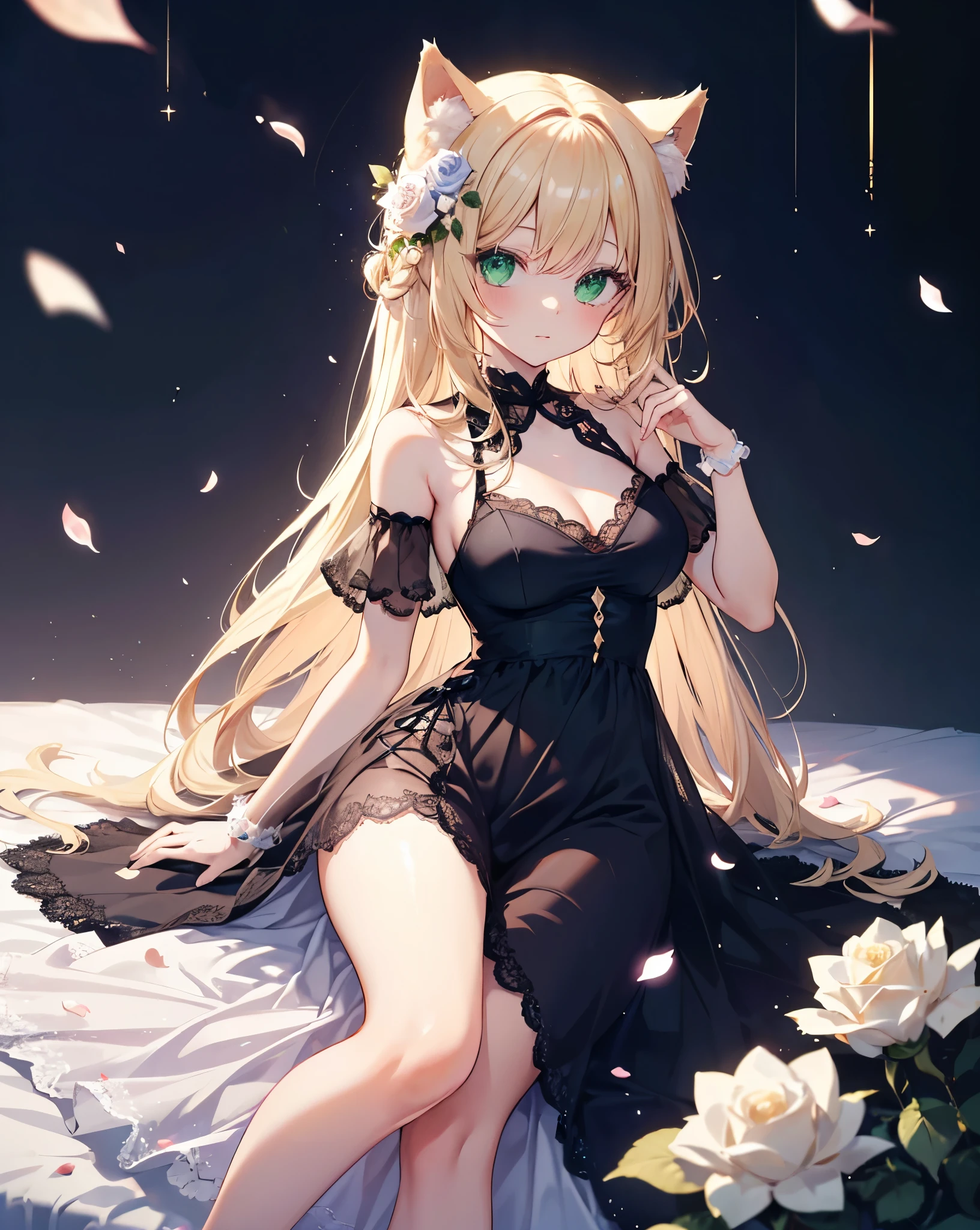 (Sketches),(eyelash:1.3),She is laying bottom down on a bed mades of white roses . It's raining white rose petals, watching me , High Resolution, Cute 1Girl, neko ears, cat tail, Beautiful and fine details, Long blonde hair, vibrant and vivid green eyes, Original Costume,Princess Dress with bare shoulders, white Lace, white embroidery, high contrast girl, crystals reflecting, imagenery, scenery. Cinematic lensflare.