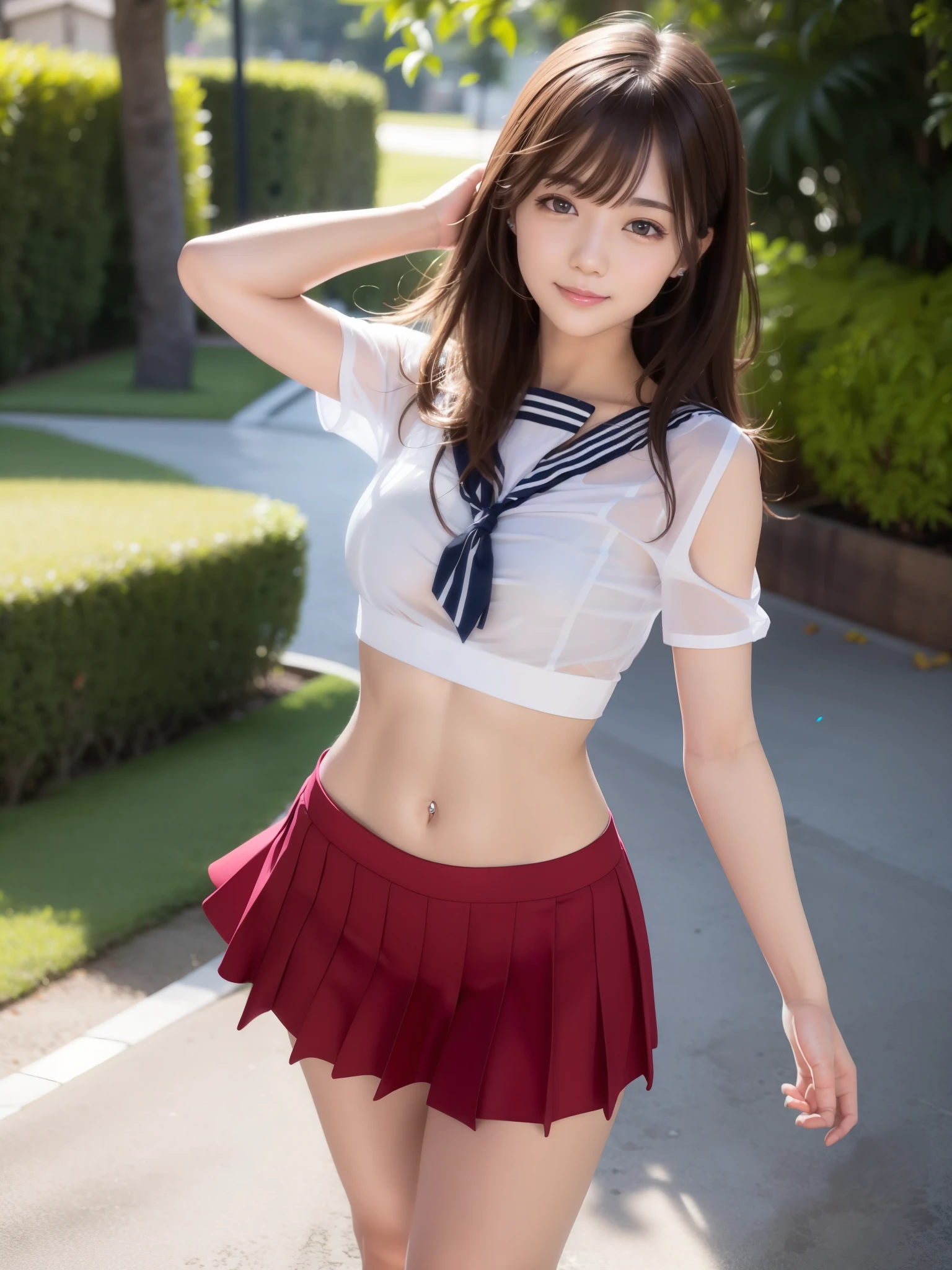 (high resolution:1.5), (masterpiece:1.5), full body, very detailed, best quality, 8k, ((1 girl)), (Cute Japanese woman), cute 24 year old beauty, slim body, (medium breasts:1.5), detailed face, Beautiful and elegant face, cute face, (Round face:1.4), thin lips, natural bangs, arched eyebrows, well-groomed eyebrows, (big eyes with a good balance between the left and right sides), cute eyes, beautiful eyes, beautiful thin nose, beautiful face line, (beautiful skin), medium Hair, Brunette hair, black hair, (natural bangs), slim face, slim figure, (looking at the camera with a Gentle smile), beautiful legs, smooth skin skin, slim and beautiful thighs, fair skin, Beautiful breasts, (Slender and slim body:1.5), (Slim waist:1.5), (slim hips:1.5), ((slim Butt:1.5)), I-type Valley, cleavage, (legs apart:1.2), (Natural Light:0.8), (lighting forward:0.8), (lighting front:0.8), (Flat lighting:0.8), Gentle smile, Detailed fingers, beautiful hands, bangs,  ((Naked with see-through shirt:1.5)), (Beautiful nipples:1.5), See-through sailor uniform, pleated micro mini skirt,