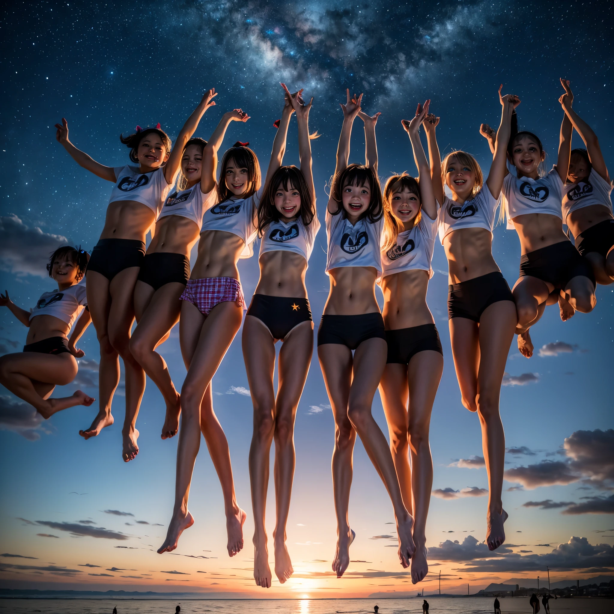 Masterpiece of ProfessionalPhoto ((ExtremelyDetailed (12 PICHIPICHI KAWAII Girls Floating in The Air in a row:1.37) in WHITE at Dusk Enoshima Beach)), {(Standing Full Body:1.2)|(from below:1.2)|Detailed KAWAII face}, Different types of hair colors, {(skinny(school swimwear))|(SchoolUniform)with Skinny AthleticShorts}, {(Corrected Childish hand)|Hidden hand|Different types of breasts|(Clearly Visible the shape of Butt)}, Joyful Expressions LifeLike Rendering, PerfectLighting, (Dazzling Horizon Visible through ThighGap), (Starry IridescentParticles:1.22) ColorfulClouds