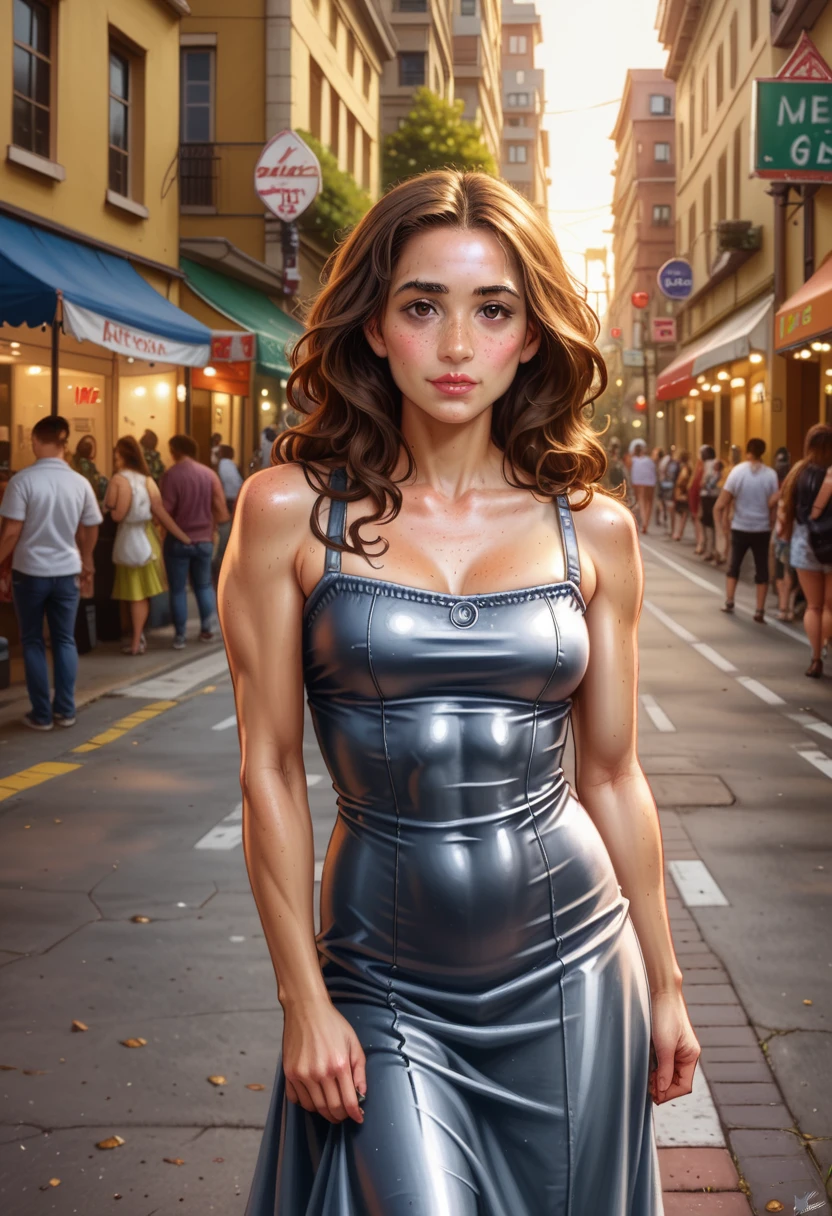 (GeGe:1.8), brunette, brown eyes, woman, (freckles:1.5), full body portrait photo of a 25 years old european girl walking in the street, RAW, beautiful woman, cute woman, slim body, half-open strawberry lips, longing gaze, freckless, armpit crease, tight gap, nice abs, toned muscles, nice legs, long-thighed woman, nice legs, perfect medium breast, (extra long wavy brown hair), ((detailed face)), (detailed facial features)), (finely detailed skin), tanned skin, (futuristic cyberpunk sexy deep cleavage two piece female dress), cyberpunk megacity environment, (cold colors), damp, moist, reflections, (masterpiece) (perfect proportion), (realistic photo), (best quality), (detailed) photographed on a Canon EOS R5, 50mm lens, F/2.8, HDR, (8k), (wallpaper), (cinematic lighting), (dramatic lighting), (sharp focus), (intricate)