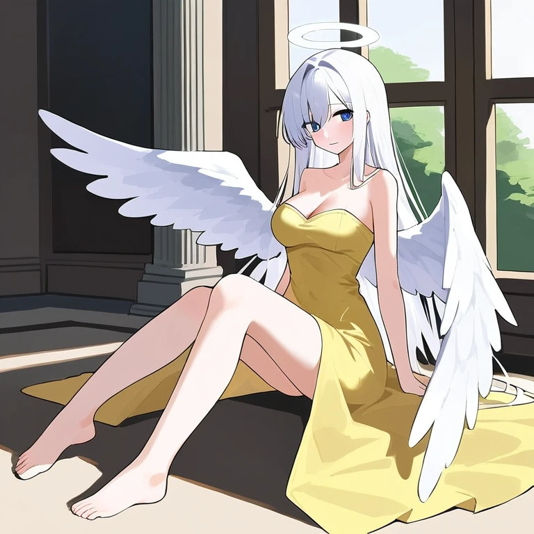 healercr, angel wings, angel, blue eyes, white hair, long hair, yellow dress, strapless dress, bare shoulders, cleavage, barefoot, anime