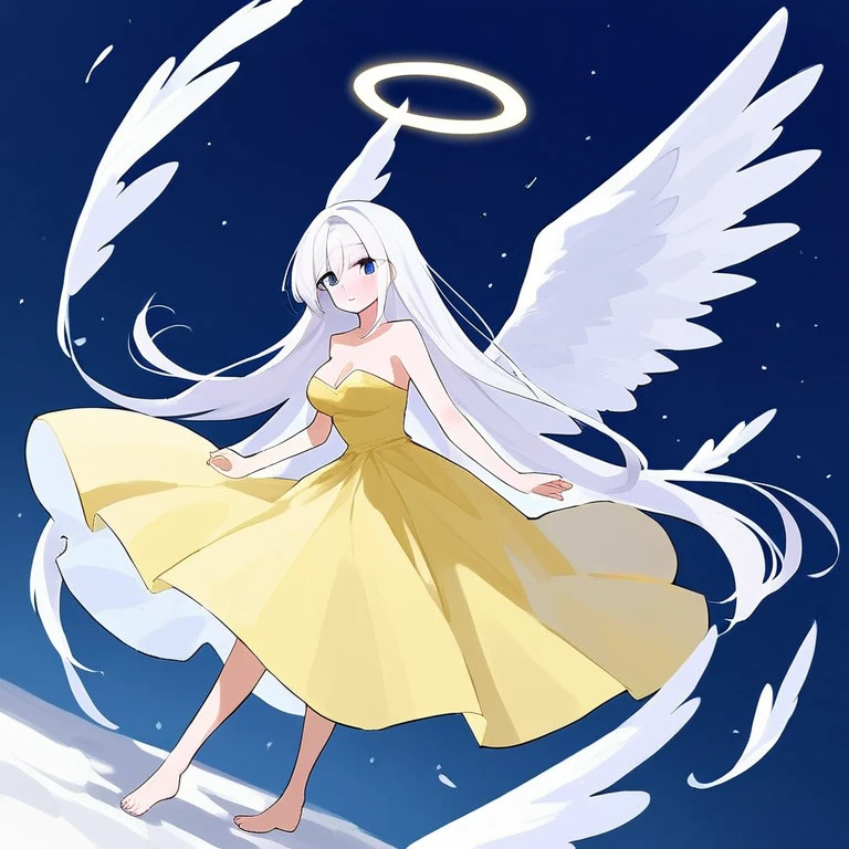 healercr, angel wings, angel, blue eyes, white hair, long hair, yellow dress, strapless dress, bare shoulders, cleavage, barefoot, anime