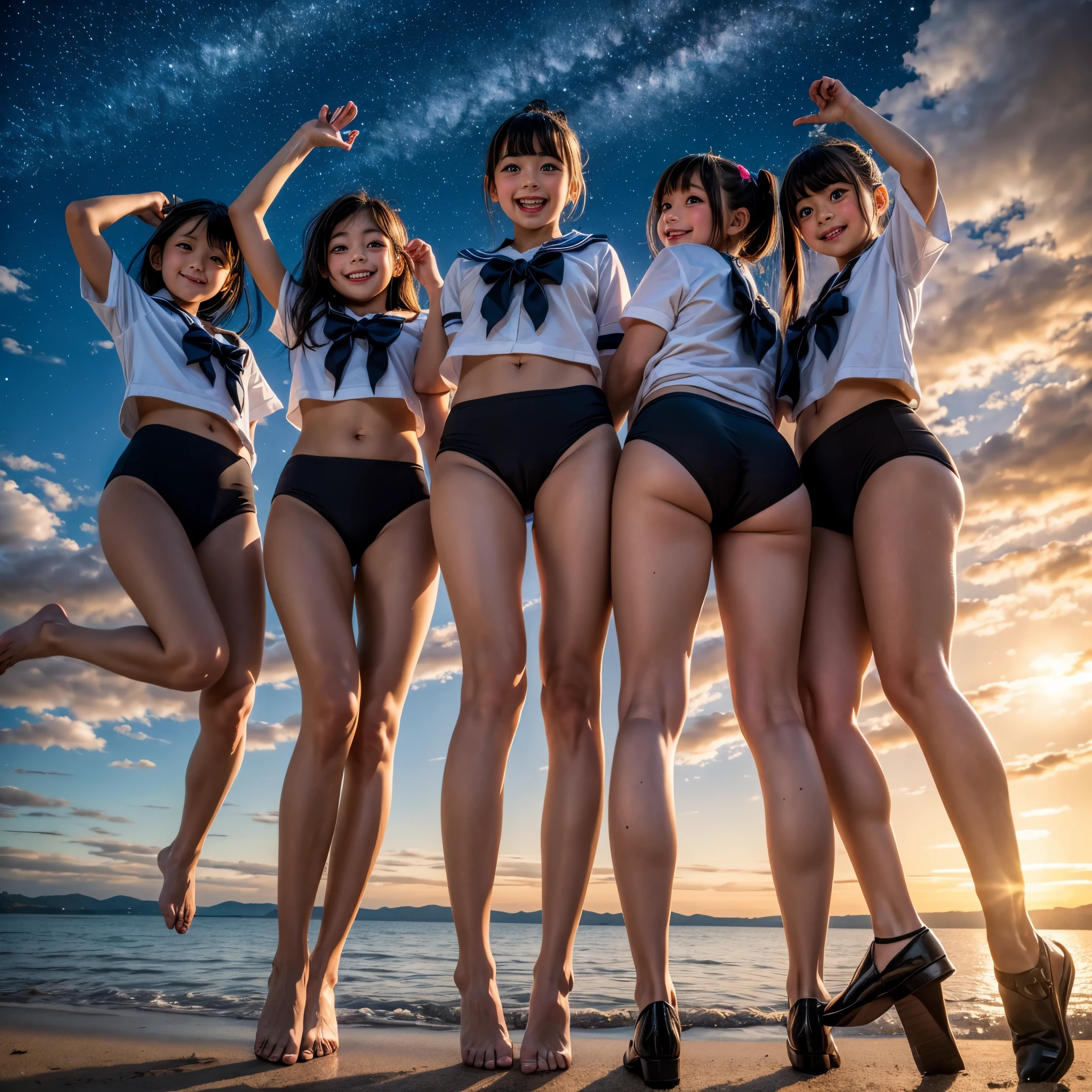  Masterpiece of ProfessionalPhoto ((ExtremelyDetailed (12 PICHIPICHI KAWAII Girls Floating in The Air in a row:1.37) in WHITE at Dusk Enoshima Beach)), {(Standing Full Body:1.2)|(from below:1.2)|Detailed KAWAII face}, Different types of hair colors, {(skinny(school swimwear))|(SchoolUniform)with Skinny AthleticShorts}, {(Corrected Childish hand)|Hidden hand|Different types of breasts|(Clearly Visible the shape of Butt)}, Joyful Expressions LifeLike Rendering, PerfectLighting, (Dazzling Horizon Visible through ThighGap), (Starry IridescentParticles:1.22) ColorfulClouds