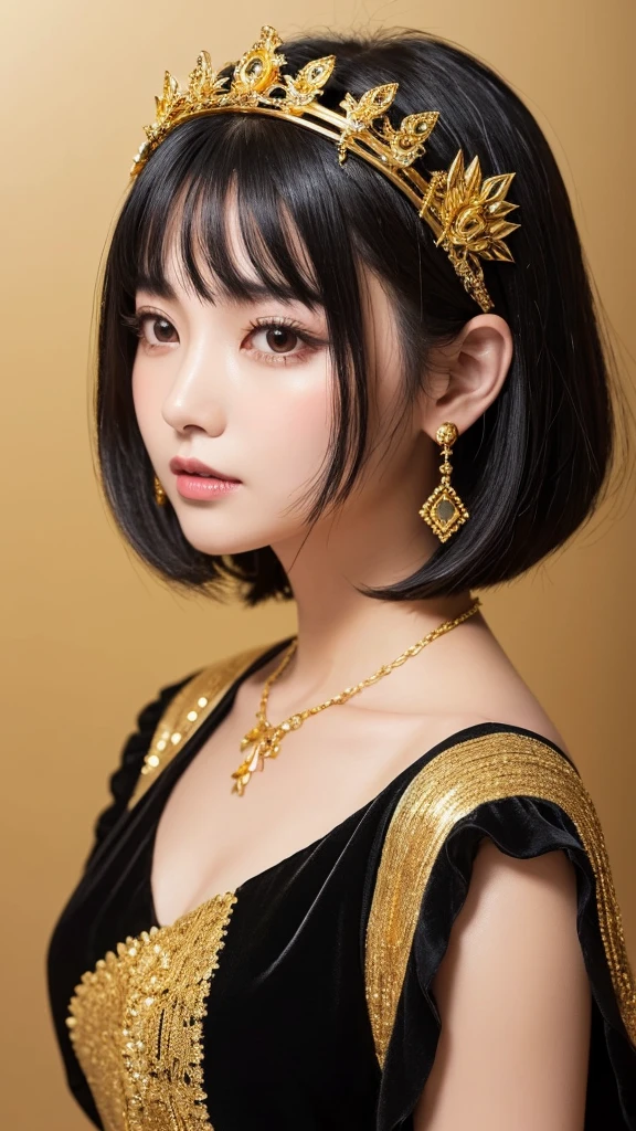 goddess　Black Hair　short hair　crown　accessories　Golden Clothes　Facing forward　30th Generation