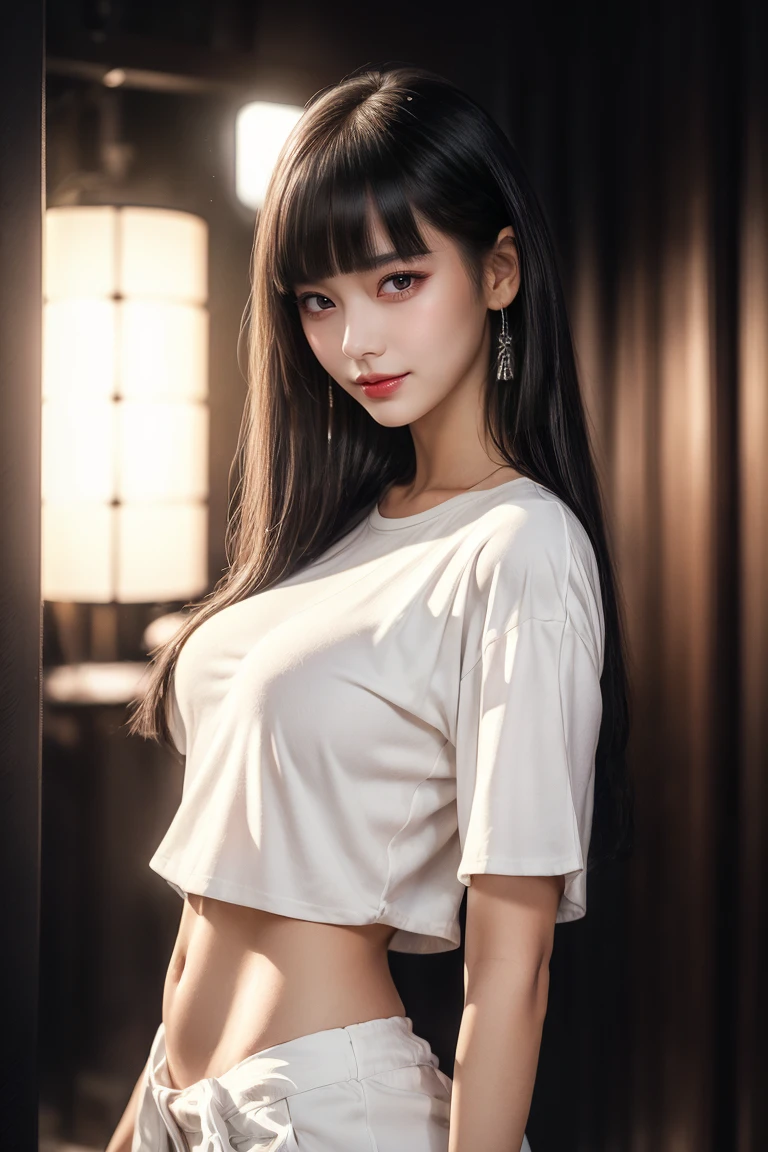 Have a look at this、Look forward、(belly button、Tight white t-shirt:1.5)、Black mini skirt:1.5、Ultra-high resolution、(((Blunt bangs, Princess Van))), (((Very heavy,Voluminous bangs:1.1))),(((very length, Very heavy,Very voluminous side locks:1.1))),, Princess Cut, Straight bangs hairstyle, Round face with Blunt bangs, length, Glossless hair、The bangs are cut straight,(masterpiece, Highest quality:1.5), (Ultra-fine 8K CG:1.4), (hyperRealistic:1.25), (PhotoRealistic:1.25), (Realistic:1.4), Cowboy Shot,(Smile 1.3), Beautiful Japanese Girl, 12 years old, Supermodel, Japanese Idols, (Grin), (Big Breasts:1.5), Sweat、(Shibuya at night:1.5)、Accentuate your cleavage、Black Hair:1.2、(Full body image:1.5)、((Real person:1.5))、Perfect balance、(From above:1.5）