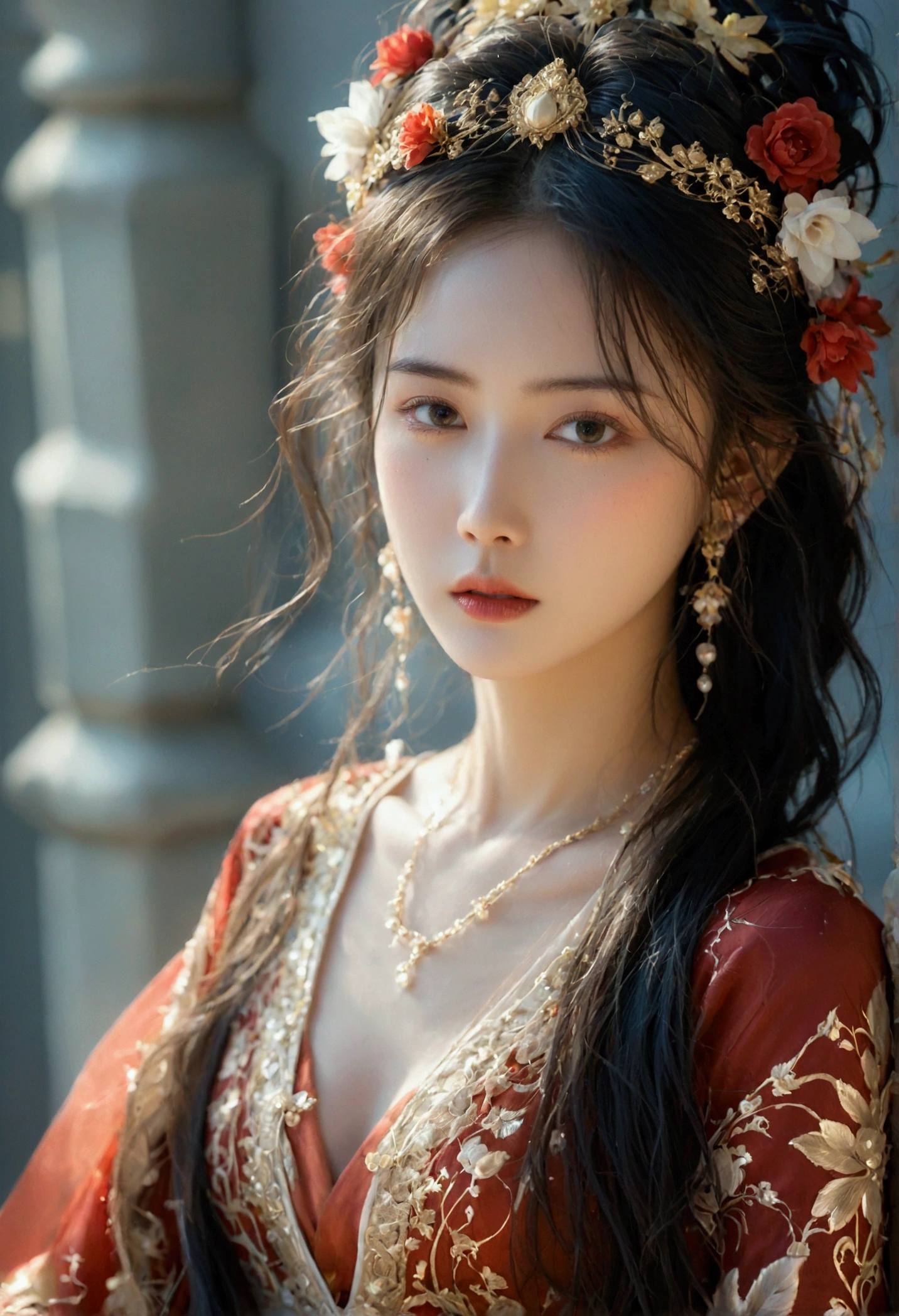 beautyful woman in a silk dress with a flower crown on her head, red and gold attire a stunning portrait of a goddess, a beautiful fantasy empress, traditional beauty, beautiful oriental woman, portrait of a beautiful goddess, wearing an ornate outfit, wearing ornate clothing, extremely detailed goddess shot, ((a beautiful fantasy empress)), dressed in ornate, goddess. extremely high detail, ornate clothing -style 999