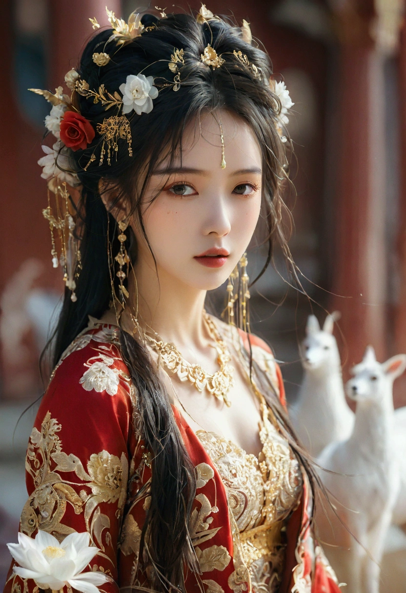 beautyful woman in a silk dress with a flower crown on her head, red and gold attire a stunning portrait of a goddess, a beautiful fantasy empress, traditional beauty, beautiful oriental woman, portrait of a beautiful goddess, wearing an ornate outfit, wearing ornate clothing, extremely detailed goddess shot, ((a beautiful fantasy empress)), dressed in ornate, goddess. extremely high detail, ornate clothing -style 999