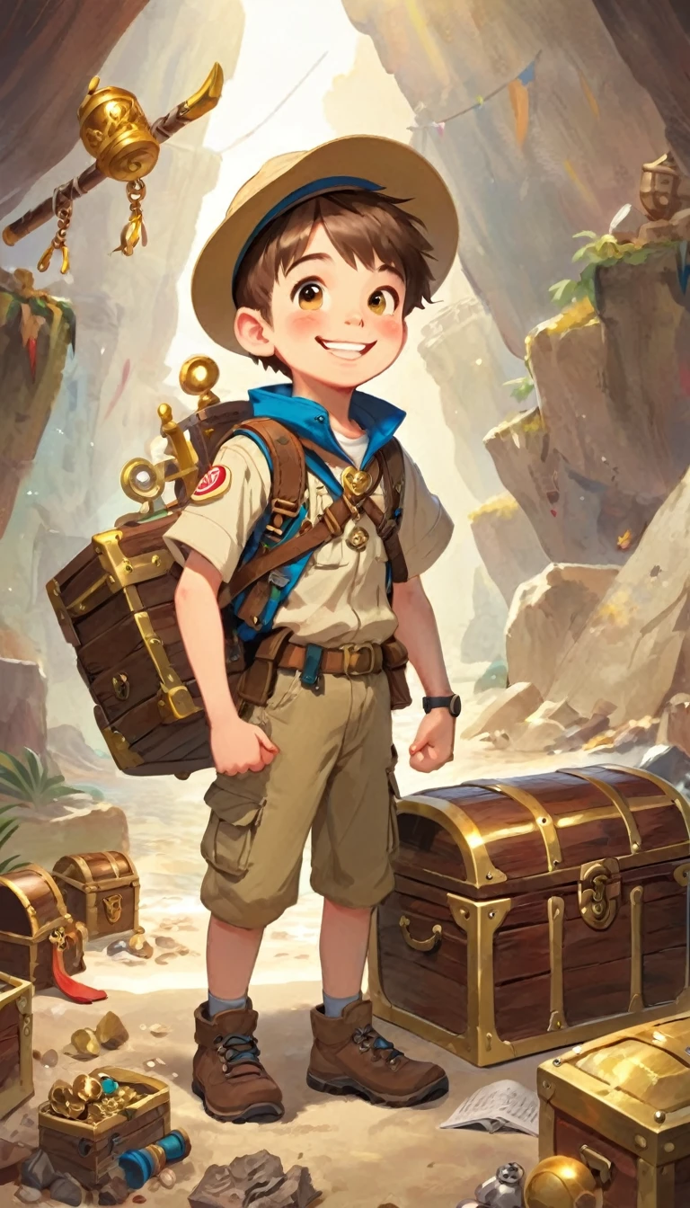Boy Explorer,Adventurer、Treasure chest in background、Treasure in the background、Cool pose、smile、Study、Stick out your arms