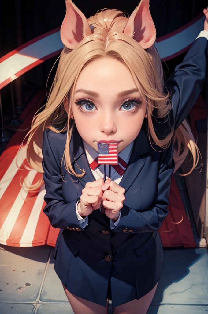 average looking anthropomorphic pig woman president of the united states giving a speech, studio lighting, high quality, 8k, hyper detailed, pig snout, extremely detailed pig face, long eyelashes, dress suit, s, podium, american flag,