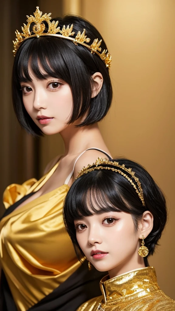 goddess　Black Hair　short hair　crown　accessories　Golden Clothes　Facing forward　30th Generation