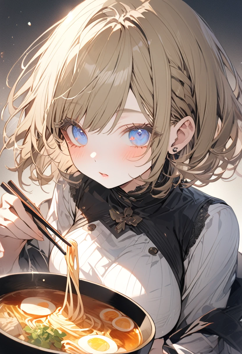 masterpiece, highest quality, Very detailed, High resolution, anime,One girl,Navy blue original uniform(Small body) (Little Girl:1.5), (blonde:1.5)(eyelash:1.2)(eye shadow:1.3) (Blue eyes:1.5), (Beautiful fine details:1.4) (Short Bob Hair:1.4), (Blue eyes)(Big Breasts:1.3) (White skin:1.2)Height: 130cm, original character,Slurping ramen with chopsticks