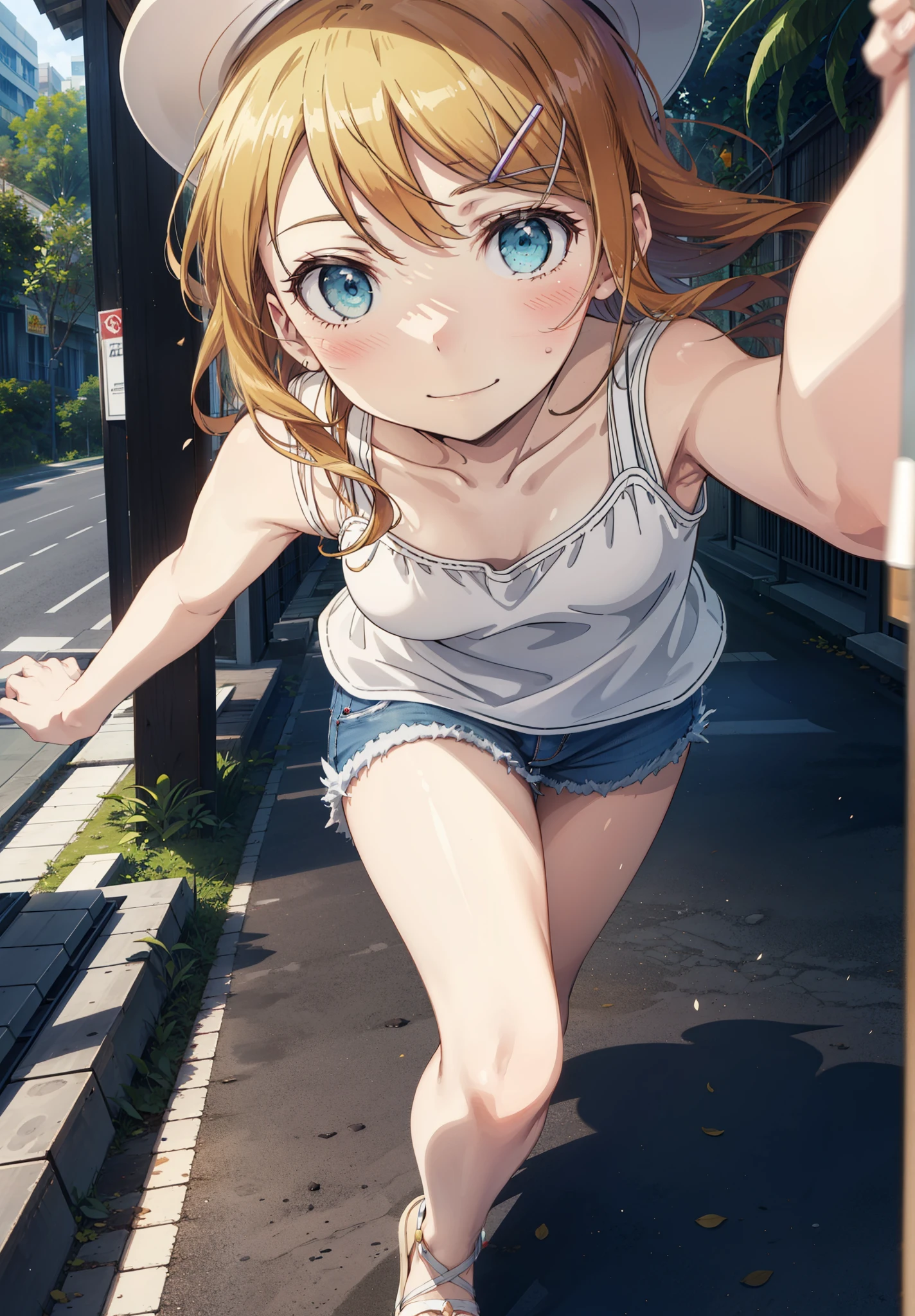 kirinokousaka, kirino kousaka, Long Hair, blue eyes, hair ornaments, Hair Clip, Orange Hair, Aqua Eye,Baseball hats,Tank top,Short denim,Heeled Sandals,True Summer,Clear skies,Daytime,Walking,smile,blush,Palm tree,whole bodyがイラストに入るように,
break indoors, tropical,Building district,
break looking at viewer, whole body, 
break (masterpiece:1.2), Highest quality, High resolution, unity 8k wallpaper, (figure:0.8), (Beautiful attention to detail:1.6), Highly detailed face, Perfect lighting, Highly detailed CG, (Perfect hands, Perfect Anatomy),