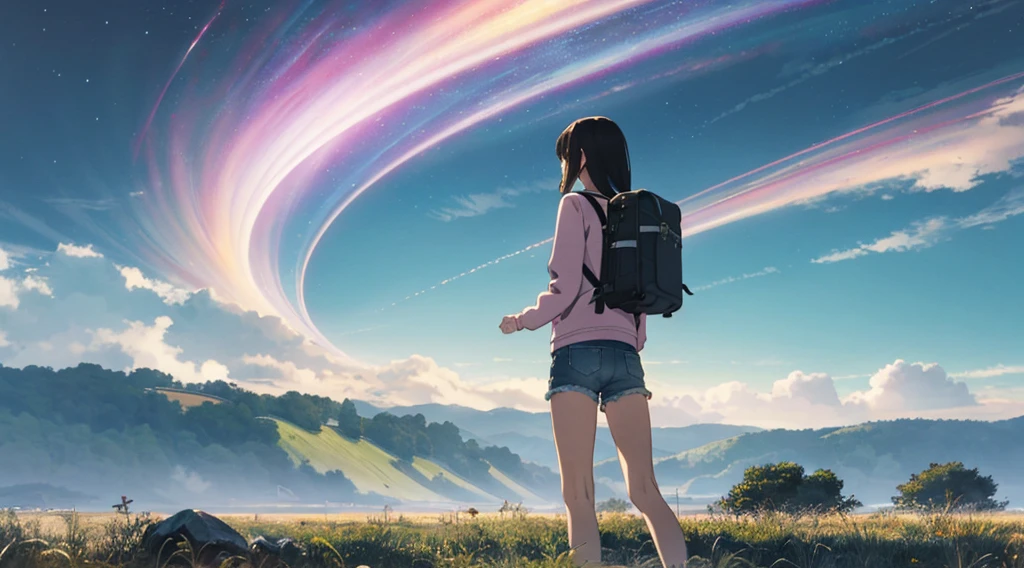 Vast Sky, A beautiful skyline in light pink, Vast grassland, Very tense and dramatic photo, Moving visual effects, The North Star Hanging High, Colorful natural light. Long sleeve tops, Denim shorts, Girl carrying a backpack.