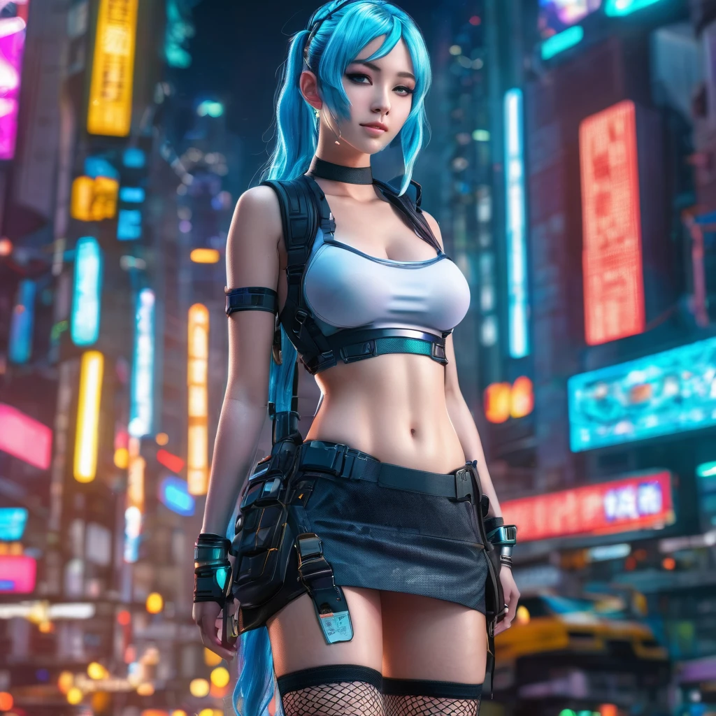 a beautiful alluring anime girl, 1girl, side braid, wavy sky blue hair, fit sexy physique, miniskirt, knee high fishnet socks, engineer boots, standing in cyberpunk city galaxy background, hyperrealistic, 3D, (best quality,4k,8k,highres,masterpiece:1.2), ultra-detailed, (realistic,photorealistic,photo-realistic:1.37), studio lighting, extreme detail description, vivid colors, bokeh