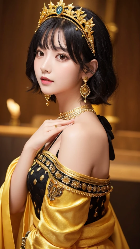 goddess　Black Hair　short hair　crown　accessories　Golden Clothes　Facing forward　30th Generation