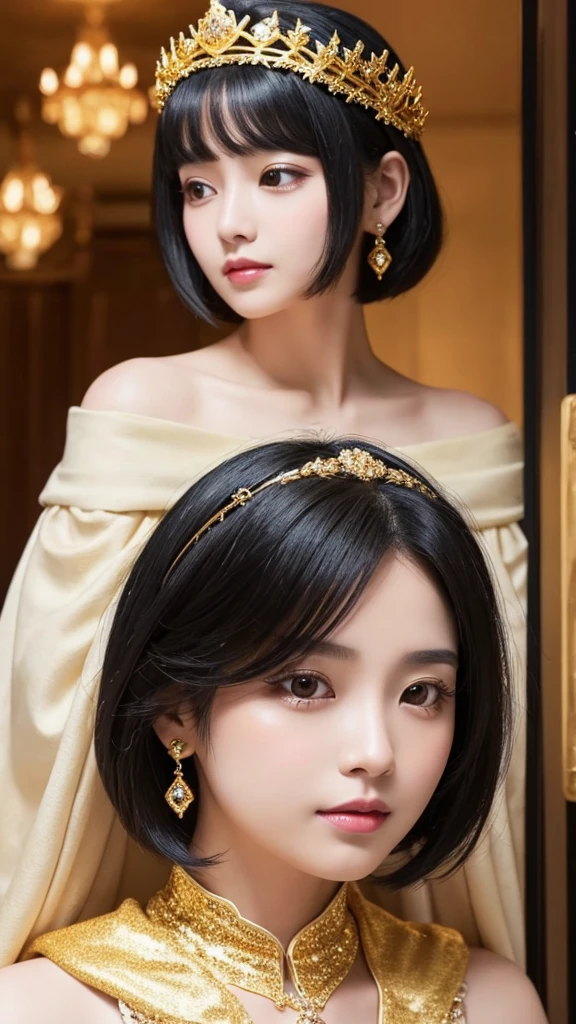 goddess　Black Hair　short hair　crown　accessories　Golden Clothes　Facing forward　30th Generation