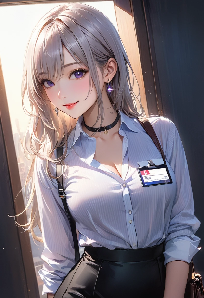 (masterpiece:1.2, Highest quality), (Realistic, photoRealistic:1.4), Beautiful illustrations, (Natural Side Lighting, Cinema Lighting),
View your viewers, Cowboy Shot, Front view, 1 girl, Japanese, high school girl, Perfect Face, Cute and symmetrical face, Glowing Skin, Baby Face,
(Long Hair, Straight hair, Silver Hair), Hair between the eyes, Purple eyes, (Middle chest, Captivating thighs, Big Ass), Earrings,
Beautiful Hair, Beautiful Face, Beautiful attention to detail, Beautiful clavicle, Beautiful body, Beautiful breasts, Beautiful thighs, Beautiful feet, Beautiful fingers,
((Long sleeve, White collar striped shirt, Black suit jacket, Black Pencil Skirt), ID card, strap, Black high heels),
(Beautiful views), evening, office, walk, (Cute smile, Upward glance),