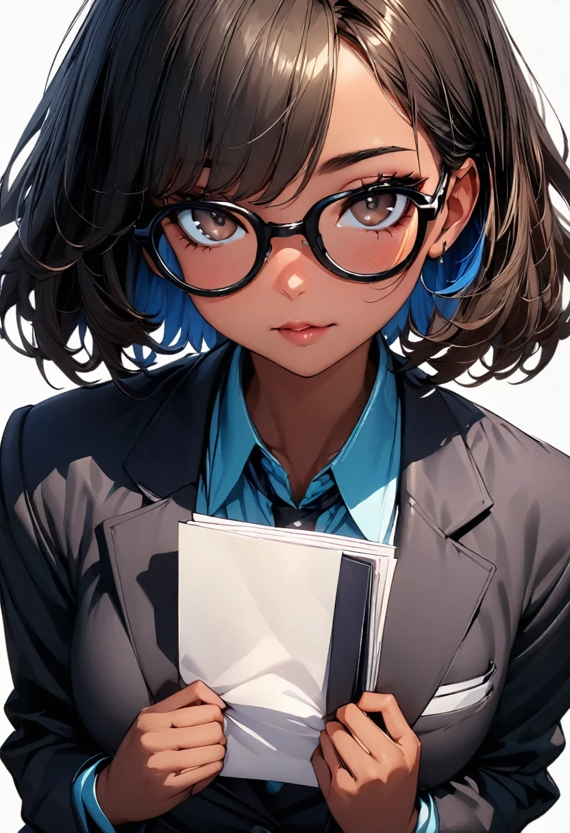 (highest quality:1.2, Very detailed, up to date, Vibrant, Ultra-high resolution, High Contrast, masterpiece:1.2, highest quality, Best aesthetics), Portraiture、girl、solo, ((25-years-old:1)), Bright colors、Beautiful fine details、Beautiful lip detail, short hair、black hair, ((Long bangs:1)), (messy hair:0.6), brown eyes, (thick black frame glasses:1.3), suit, holding a document file, ((slim body:0.6)), (big breast:0.7), (dark skin:0.5), (white background:1.5), ((no background)), (cowboy shot:1.8), (look at viewer:1), facing viewer