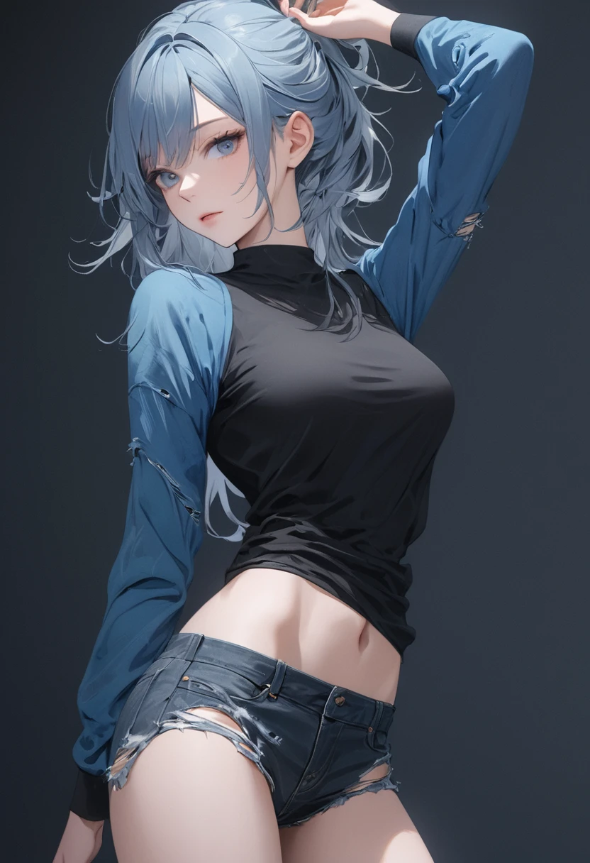 beautiful girl, high quality image, details in 4k, slim body and proportionate figure, with black t-shirt blue sleeves, light blue ripped women's jean pants