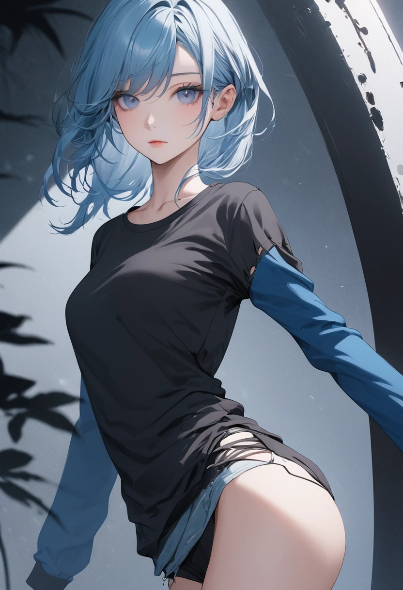 beautiful girl, high quality image, details in 4k, slim body and proportionate figure, with black t-shirt blue sleeves, light blue ripped women's jean pants