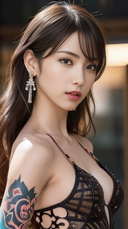 Anime-style woman, thin, thin, whole body, Full of tattoos, Lots of earrings, Beautiful and shiny hair, Rainbow Eyes, Slanted Eyes, Wavy Hair, Kind and charming, shoulderを露出させる, Delicate and sexy collarbone, Attractive oval face, double eyelid, Pink Lips, Small Nose, Concentrated face, Ultra-high resolution, Very detailed, Graceful posture, Nice, ultra-thin, See through, Dark brown，Rhinestone-studded solo mesh catsuit,（arm、shoulder、Tribal tattoo pattern body paint on chest），Glowing Skin, Realistic Background, sunlight，(From below:1.3)，(Looking down, Display in viewer:1.3)