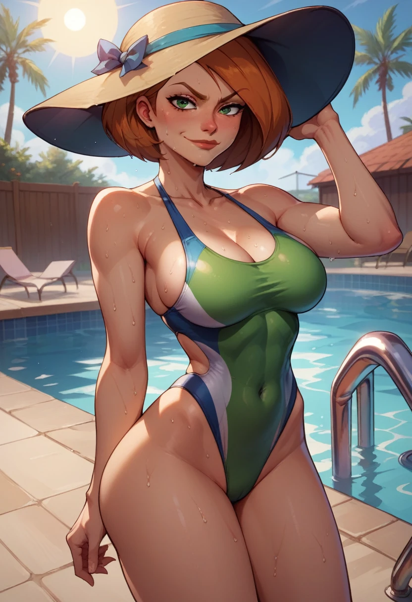 score_9, score_8_up, score_7_up, score_6_up, BREAK Ann possible, wearing swimsuit, sun hat, big breasts, evil smirk, sweating, at a swimming pool, looking at viewer, short hair