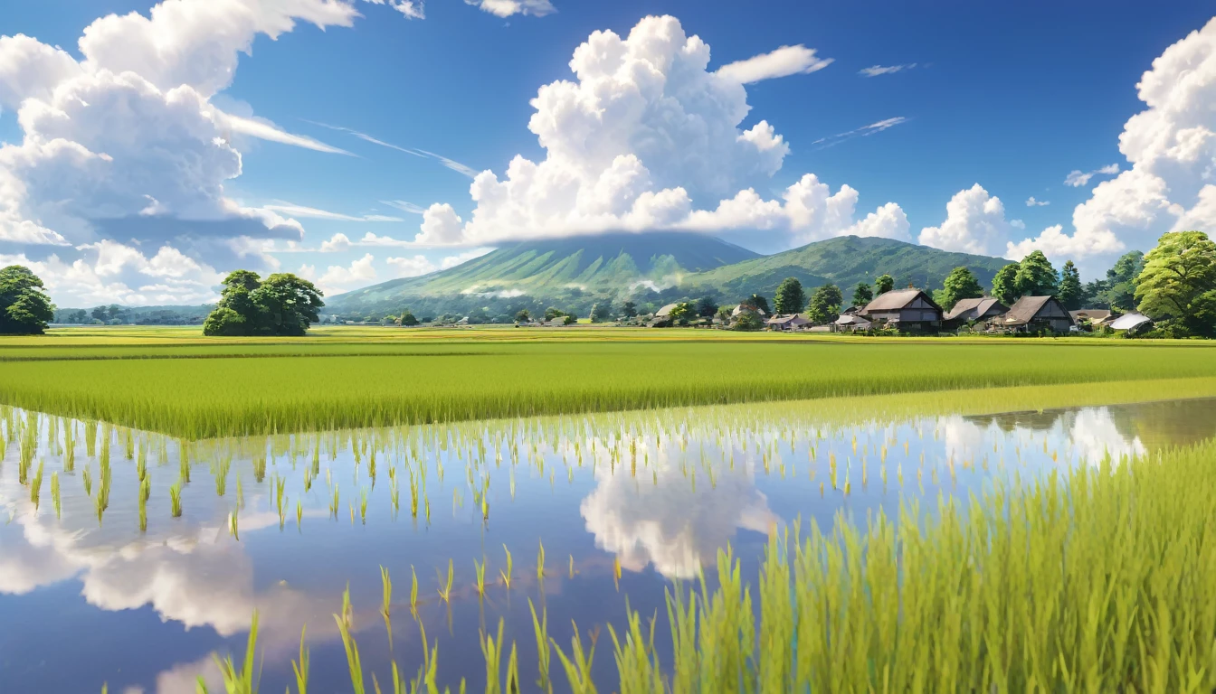 Japanese countryside,Rice Field,Midsummer,cumulonimbus,sunny,Daytime,Highest quality, 8k, High resolution, masterpiece:1.2, Very detailed, Realistic:1.37, High resolution, 超High resolution, Very detailed, Professional, Vibrant colors