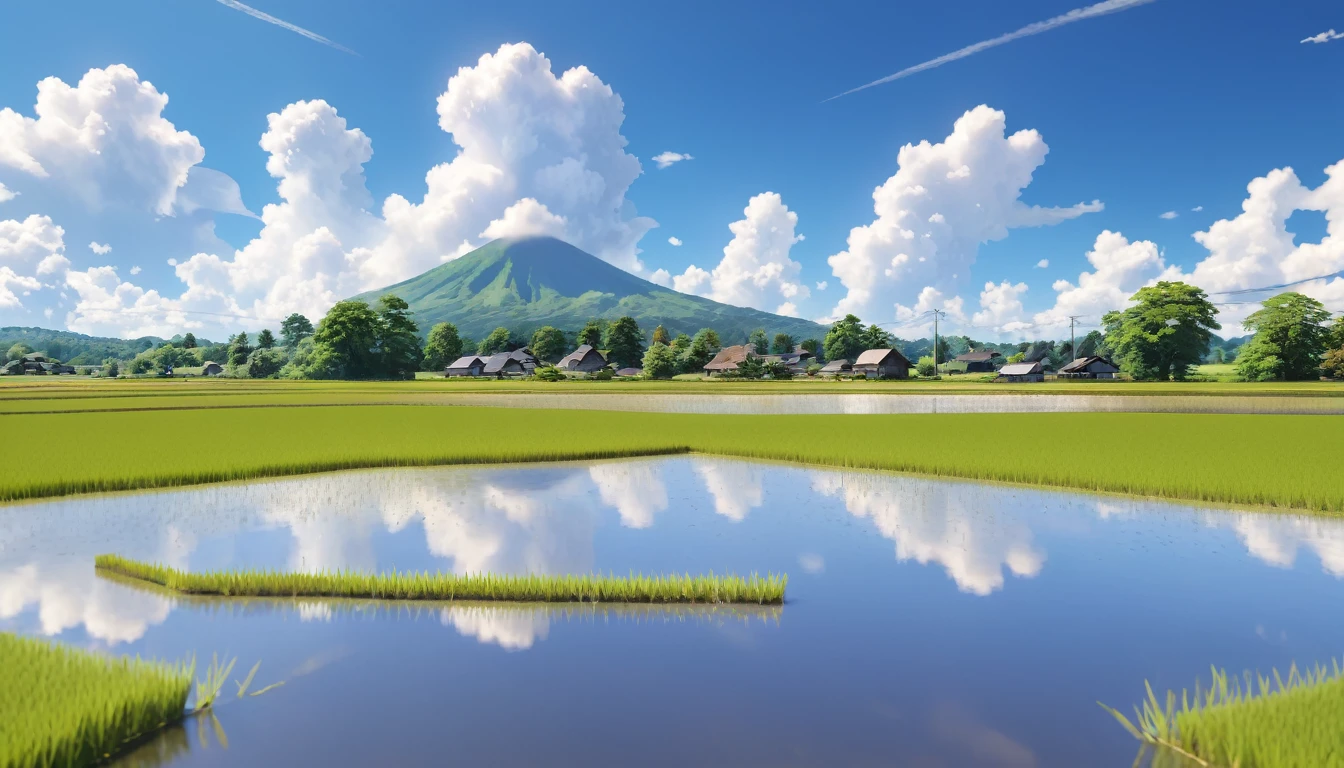 Japanese countryside,Rice Field,Midsummer,cumulonimbus,sunny,Daytime,Highest quality, 8k, High resolution, masterpiece:1.2, Very detailed, Realistic:1.37, High resolution, 超High resolution, Very detailed, Professional, Vibrant colors