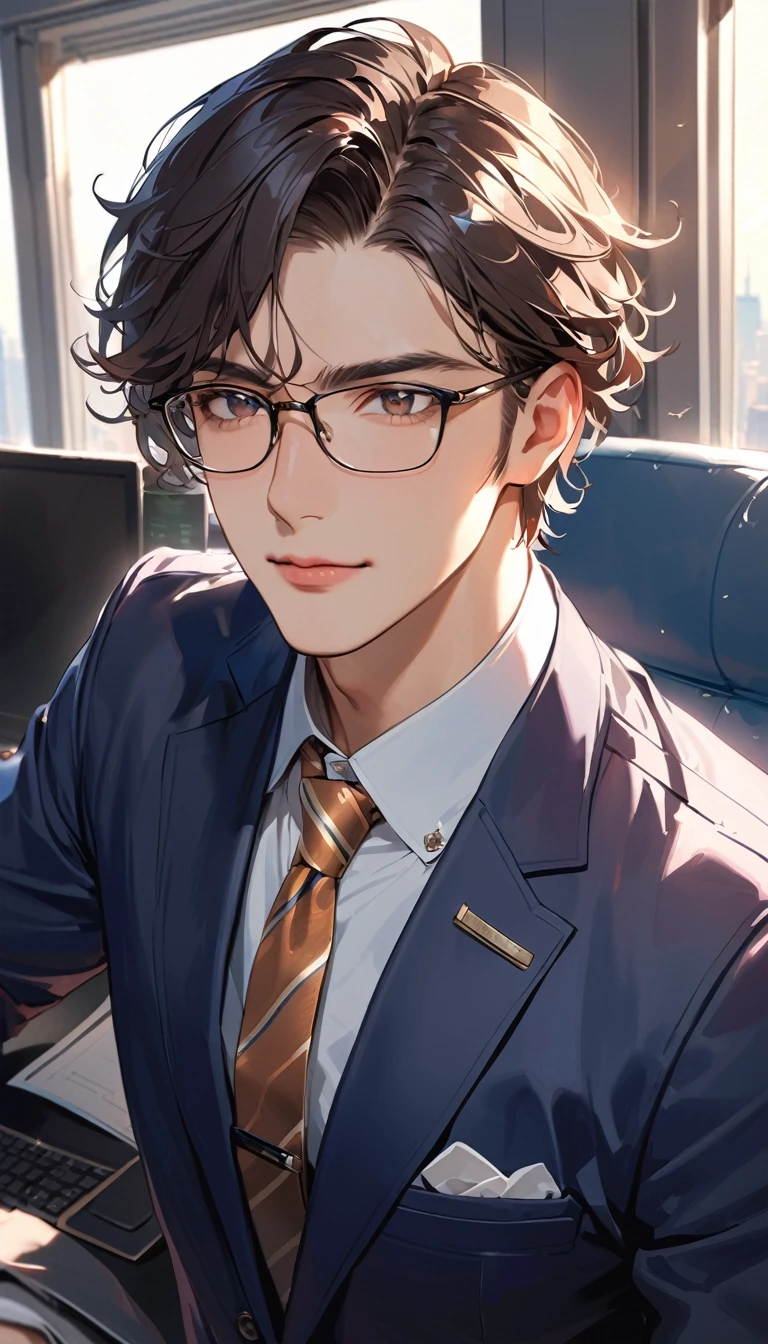 25 years old, super detail,  a handsome man, Wear glasses, Clothing of office workers