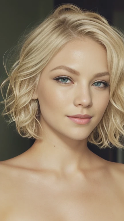 blond woman with short wavy hair, ((naked, nude)), posing for a picture, blonde short wavy hair, short blonde hair, short blond hair, short blond hair, blonde and attractive features, blond bob haircut, a gorgeous blonde, medium short hair, short curly blonde haired girl, with short hair, a girl with blonde hair, short wavy blonde hair with bangs.  ((Deep green eyes, extremely long eyelashes)).  Kelly Von East.