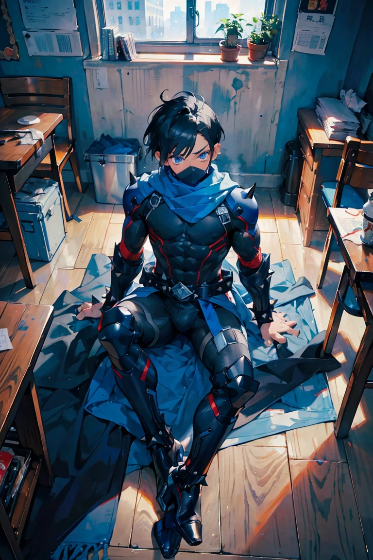 ((muste piece)), ((best quality)), ((dark blue eyes)), ((Dark black hair)),full-body picture,ninja hero boy Lying on the white tablecloth,Many paintbrushes apply paint to the body,sexy shota,spanking,blush,black mask,black and blue white tight bodysuit,skin texture hero suit, long blue broken scarf,blue tabi socks, ((very very short hair,spiky hairstyle)),masculine,sexy pose,Sanpaku Eyes,muscle,in classroom