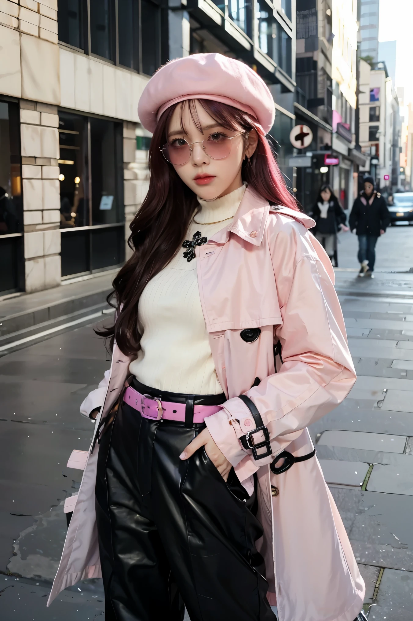 1girl, 4k, realistic, high detailed, super eyes detailed, fashion clothes, pink trenchcoat, french beret, black pants with belt, long hair, in the city,  pink hair, purple eyes, yae miko, wearing trendy sunglasses,
