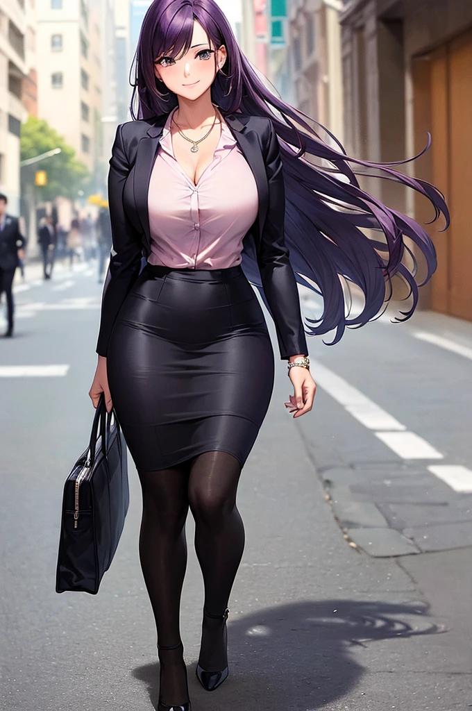 ((masterpiece, best quality, ultra-detailed)), 1girl, beautiful business woman walking in city back turned, smiling, blush, wearing pink blouse, blazer, bracelet, necklace, black midi pencil skirt, black suit skirt, heels, full body, wavy purple hair, wide hips