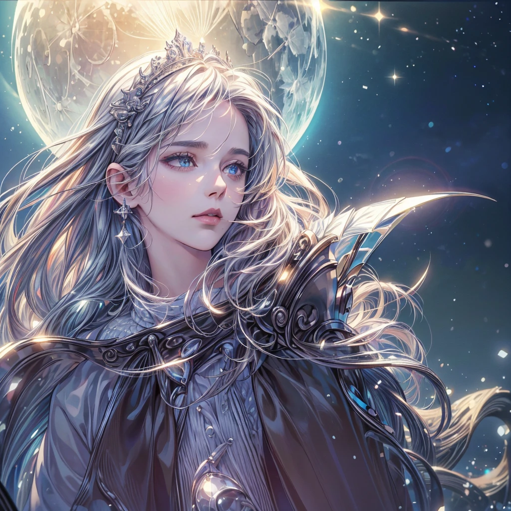 (best quality,4k,8k,highres,masterpiece:1.2), ultra-detailed, (realistic,photorealistic,photo-realistic:1.37),white long-haired woman, portrait, fair-skinned, symmetrical eyes, intricate eyes, sparkling his eyes like silver, moon silver intricate hair accessory, mosaic moon and  star pattern background,moonlight spotlight, high contrast, attention-grabbing shadows, detailed shadows, immaculate craftsmanship, masterpiece, top-quality, top-notch image quality, goddess of Moon