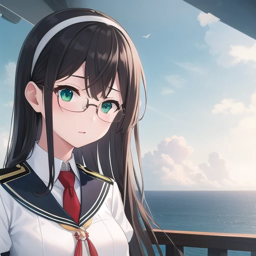 ((masterpiece)),(Highest quality),Official Art,Highly detailed CG,unity 8k wallpaper,Super detailed,Lighthouse on top of a cliff by the sea,One girl,一人in,Upper Body,(Portraiture:1.2),length_hair,Glasses,black thighhighs,black_hair,Seraphim,School_uniform,hairband,green_eye,Hip_Discharge,length_sleeve,Looking_in_Audience,red_tie,green_skirt,pleined_skirt,Under Rim_Glasses,