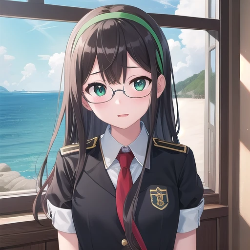 ((masterpiece)),(Highest quality),Official Art,Highly detailed CG,unity 8k wallpaper,Super detailed,Lighthouse on top of a cliff by the sea,One girl,一人in,Upper Body,(Portraiture:1.2),length_hair,Glasses,black thighhighs,black_hair,Seraphim,School_uniform,hairband,green_eye,Hip_Discharge,length_sleeve,Looking_in_Audience,red_tie,green_skirt,pleined_skirt,Under Rim_Glasses,