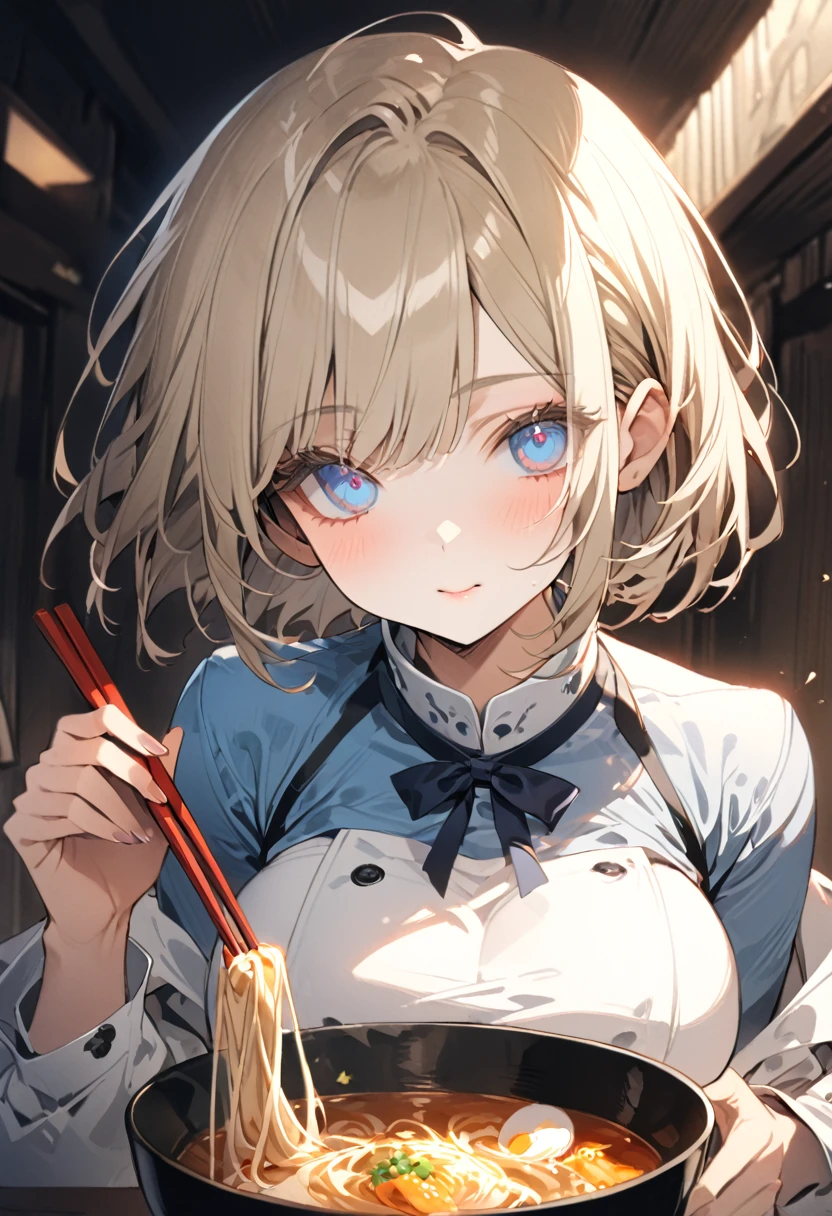 masterpiece, highest quality, Very detailed, High resolution, anime,One girl,Navy blue original uniform(Small body) (Little Girl:1.5), (blonde:1.5)(eyelash:1.2)(eye shadow:1.3) (Blue eyes:1.5), (Beautiful fine details:1.4) (Short Bob Hair:1.4), (Blue eyes)(Big Breasts:1.3) (White skin:1.2)Height: 130cm, original character,Slurping ramen with chopsticks