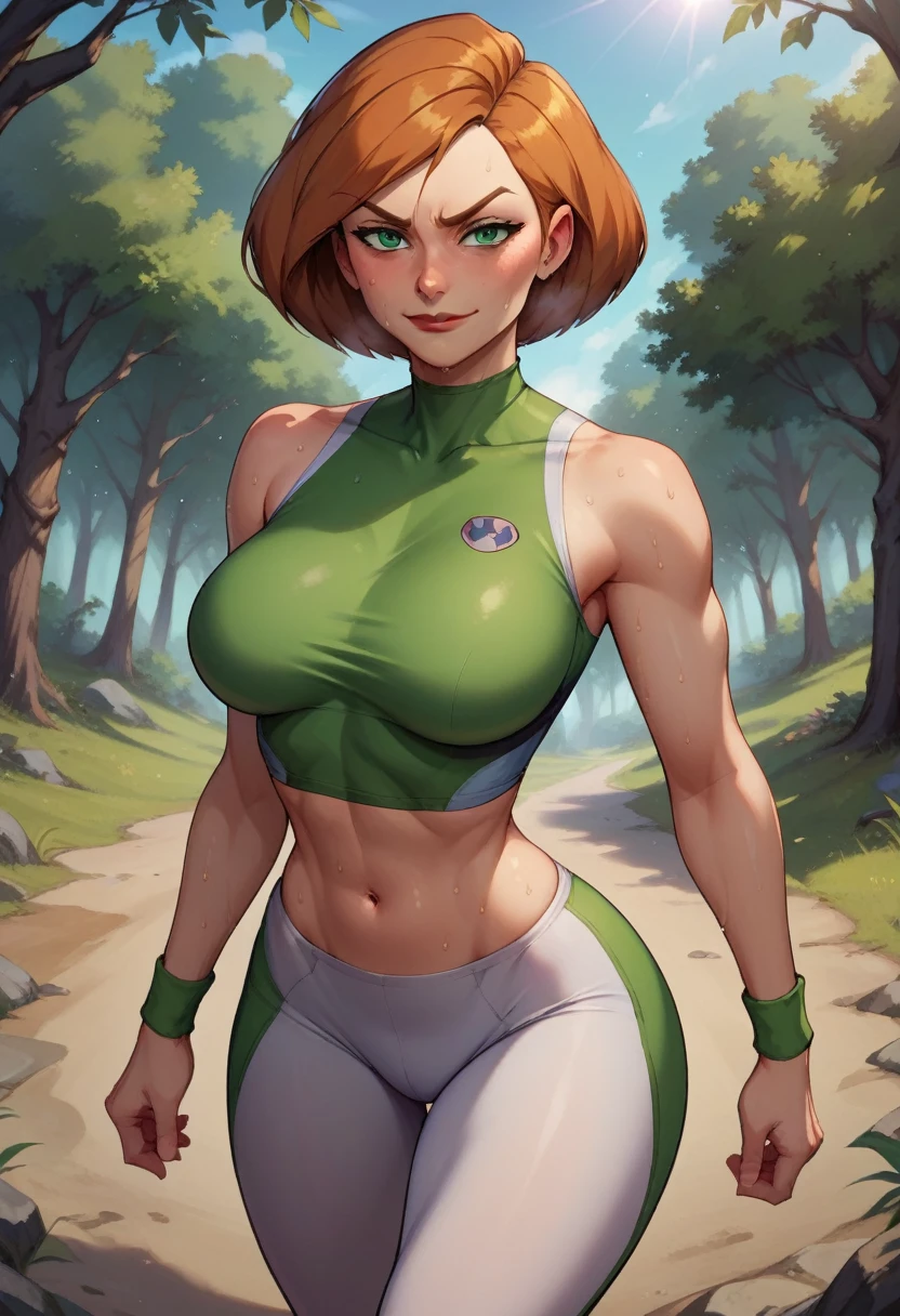 score_9, score_8_up, score_7_up, score_6_up, BREAK Ann possible, wearing jogging outfit, big breasts, evil smirk, sweating, in a forest, looking at viewer, short hair, running