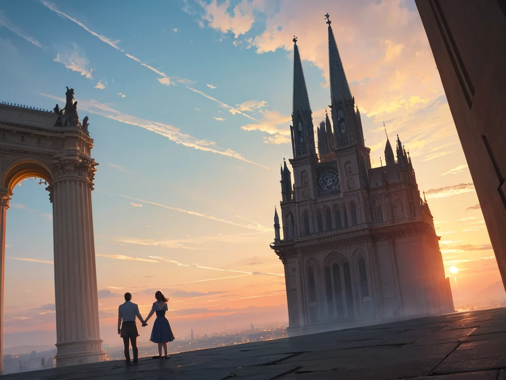 A couple standing on a tall tower, holding hands, watching the sunrise, symbolizing hope and survival