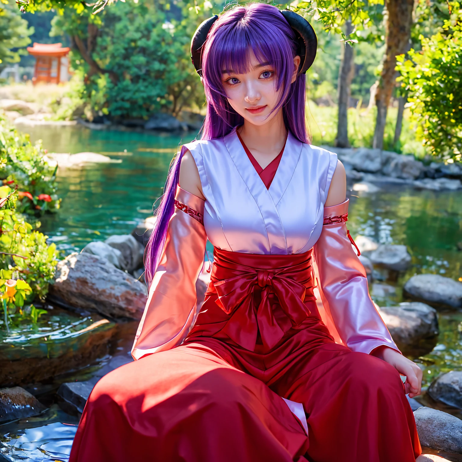 ultra-detailed, Explicit, Beautiful body, Beautiful Nose, Beautiful character design, perfect eyes, perfect face, ultra highres, 4K, beautiful legs, perfect legs, Nice hands, Perfect hand, Masterpiece, Best Quality, Highly detailed, illustration, absurdres, perfect anatomy, expression of joy, glowing eyes, looking at viewer, mystic aura, female priestess, full body, goddess-like, happy trance, perfect female body, smile, japanese clothes, miko, detached sleeves, hakama, hakama skirt, red hakama, ribbon-trimmed sleeves, joyful eyes, horns, extending the right arm from the shoulder into the air with a straightened hand, 1girl, hair ornaments, purple hair, long hair, purple eyes, (((pixel-perfect, detail-perfect))), solo, 1girl, Hanyuu, higurashi when they cry, umineko when they cry, medium sized natural breasts