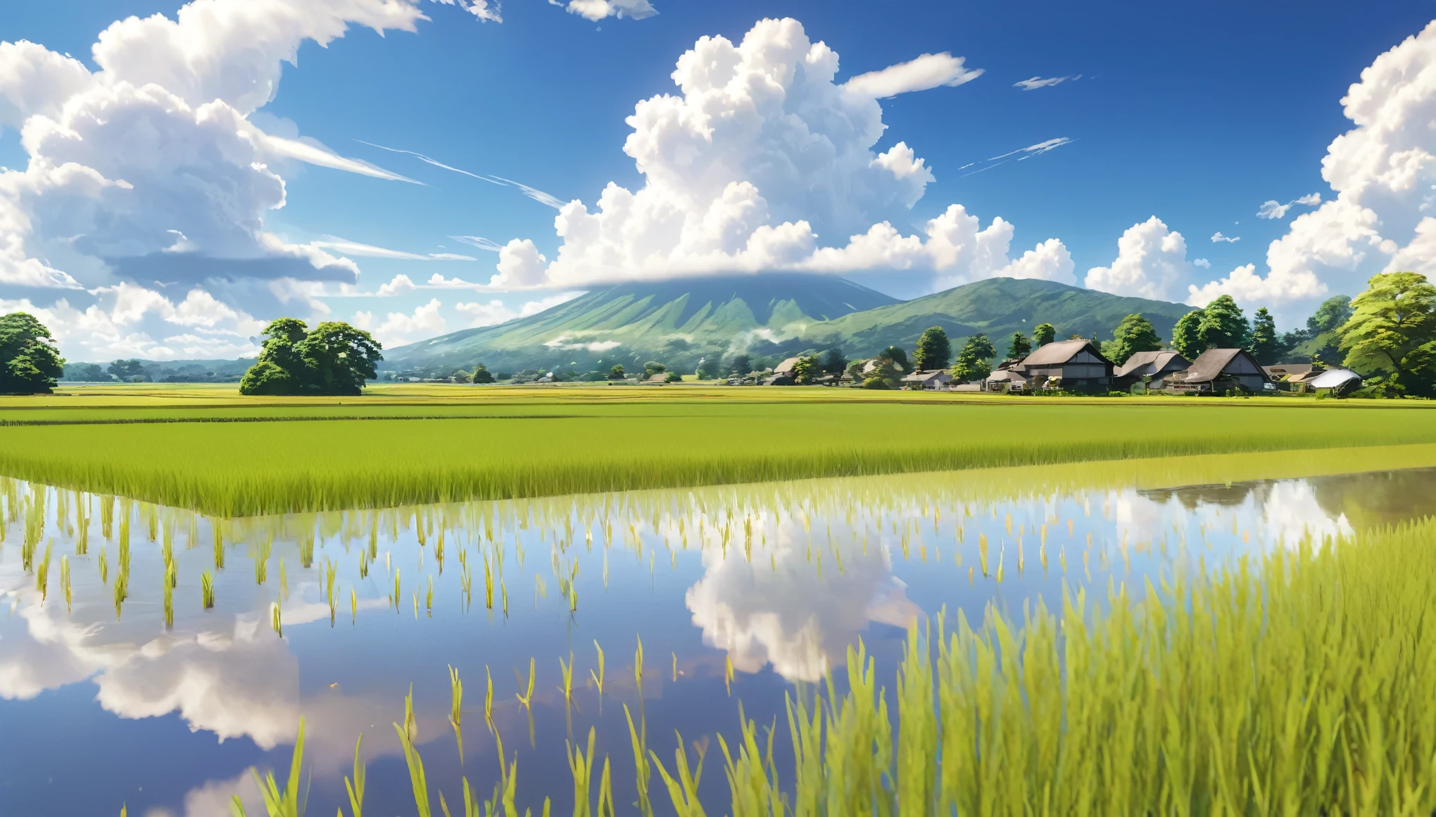Japanese countryside,Rice Field,Midsummer,cumulonimbus,sunny,Daytime,Highest quality, 8k, High resolution, masterpiece:1.2, Very detailed, Realistic:1.37, High resolution, 超High resolution, Very detailed, Professional, Vibrant colors