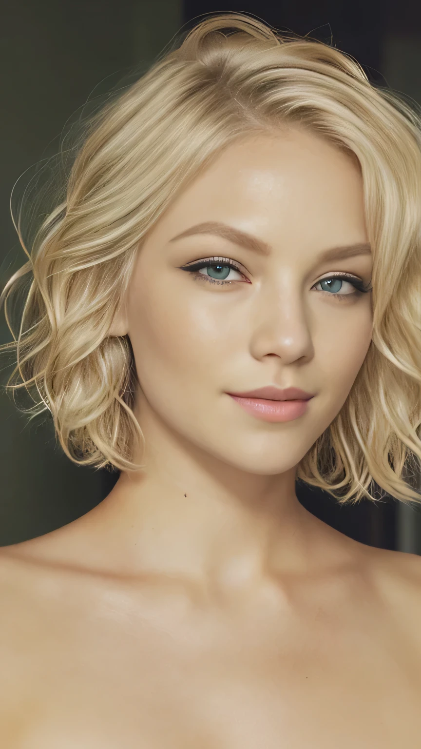 blond woman with short wavy hair, ((naked, nude)), posing for a picture, blonde short wavy hair, short blonde hair, short blond hair, short blond hair, blonde and attractive features, blond bob haircut, a gorgeous blonde, medium short hair, short curly blonde haired girl, with short hair, a girl with blonde hair, short wavy blonde hair with bangs. ((Deep green eyes, extremely long eyelashes)). Kelly Von East.