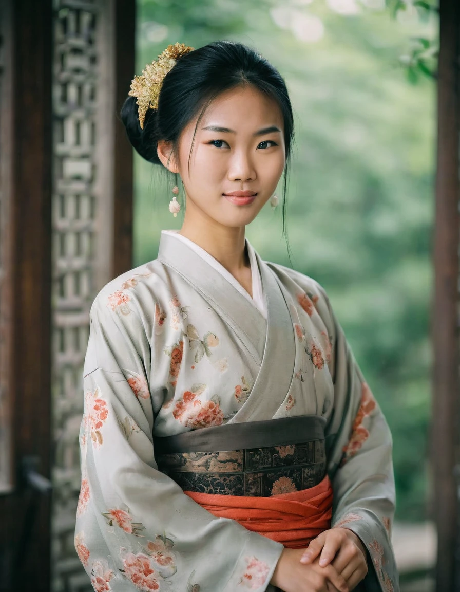 Photo of full body portrait beautiful Asian in history, soft smirk, Portra 400