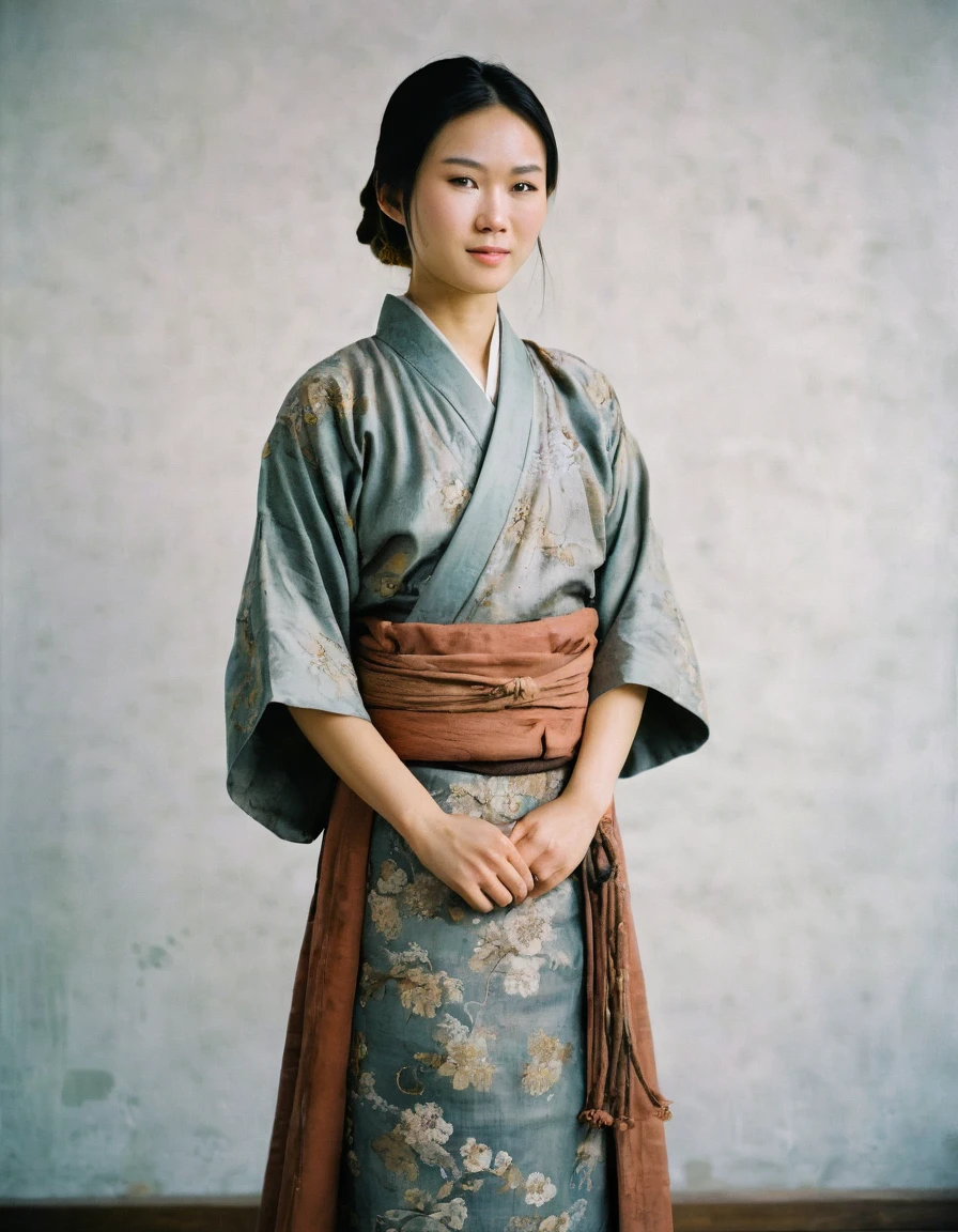 Photo of full body portrait beautiful Asian in history, soft smirk, Portra 400