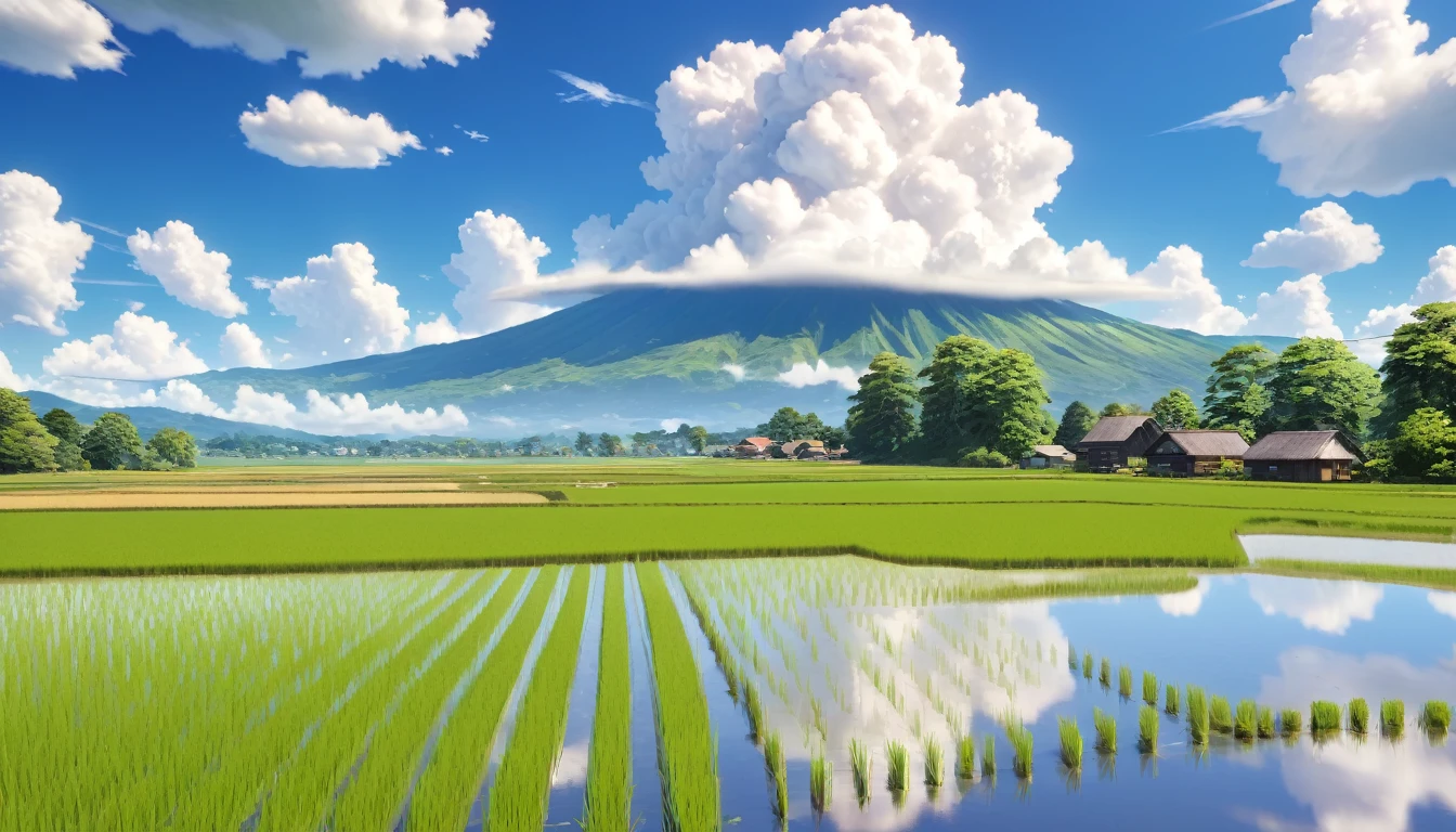 Japanese countryside,Rice Field,Midsummer,cumulonimbus,sunny,Daytime,Highest quality, 8k, High resolution, masterpiece:1.2, Very detailed, Realistic:1.37, High resolution, 超High resolution, Very detailed, Professional, Vibrant colors
