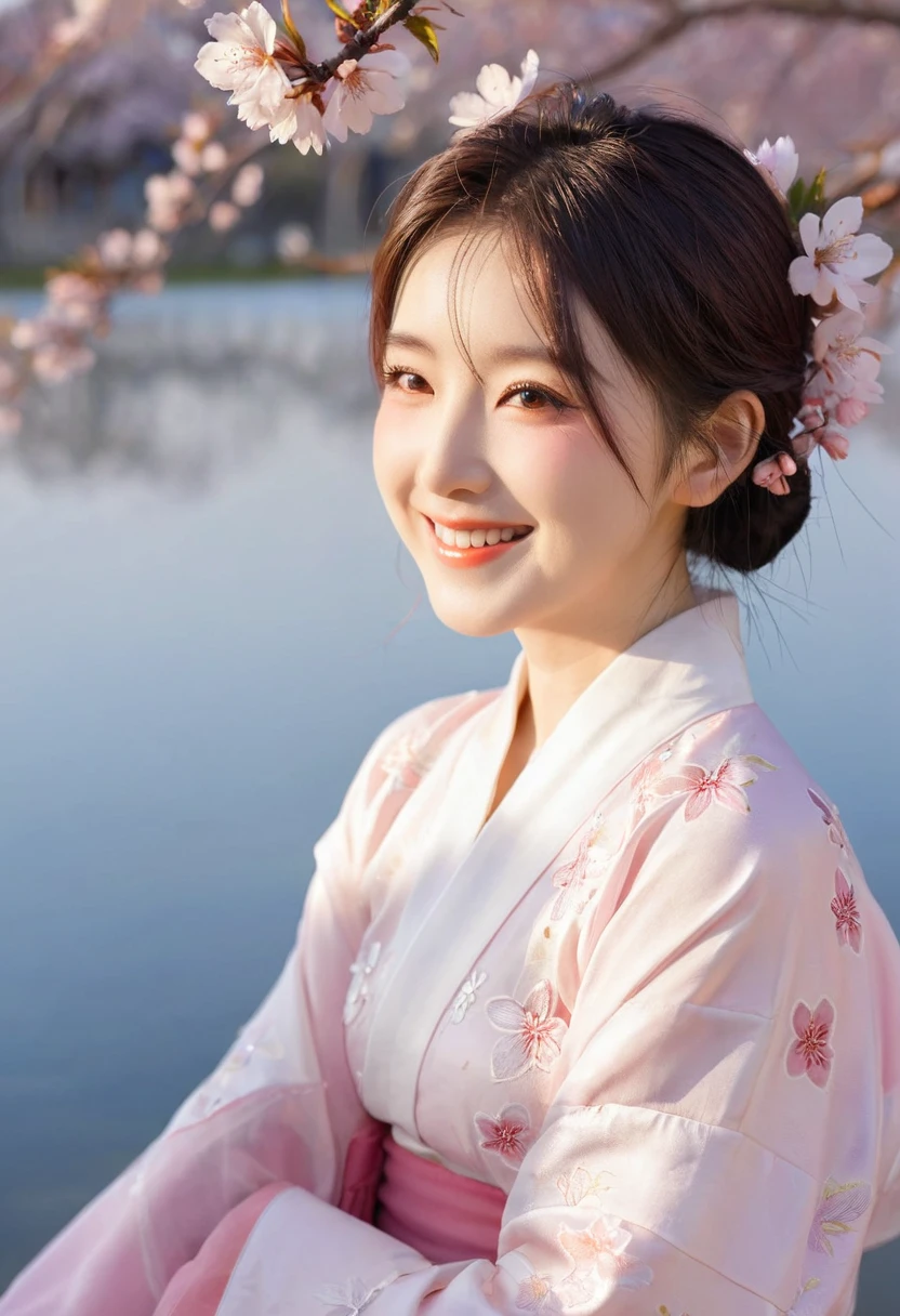 Sakura Rice Library, Upper Body, Smile, blush, sit, ((Cherry blossoms)), ((pink袖子)), pink调, ((pink)), pink天空, Sunset, lake, reflection