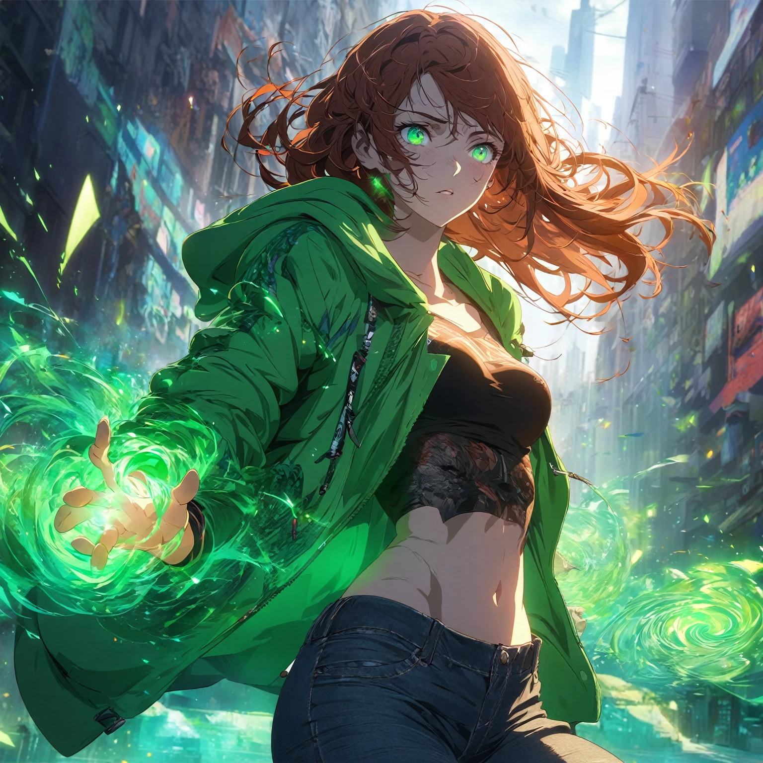 A girl that has a lean, athletic build, vibrant green eyes, and shoulder-length auburn hair, she wears a casual outfit consisting of a fitted green hoodie with subtle energy patterns, (nude:0.8) dark jeans, and sneakers, her skin has a slight luminescent quality when using her powers, her hands are often surrounded by a visible, swirling green energy, and she carries a small, tech-enhanced wristband that amplifies her abilities, detailed gorgeous face| anime style| key visual| intricate detail| highly detailed| breathtaking| vibrant| panoramic| cinematic| Carne Griffiths| Conrad Roset| gibbli 8k