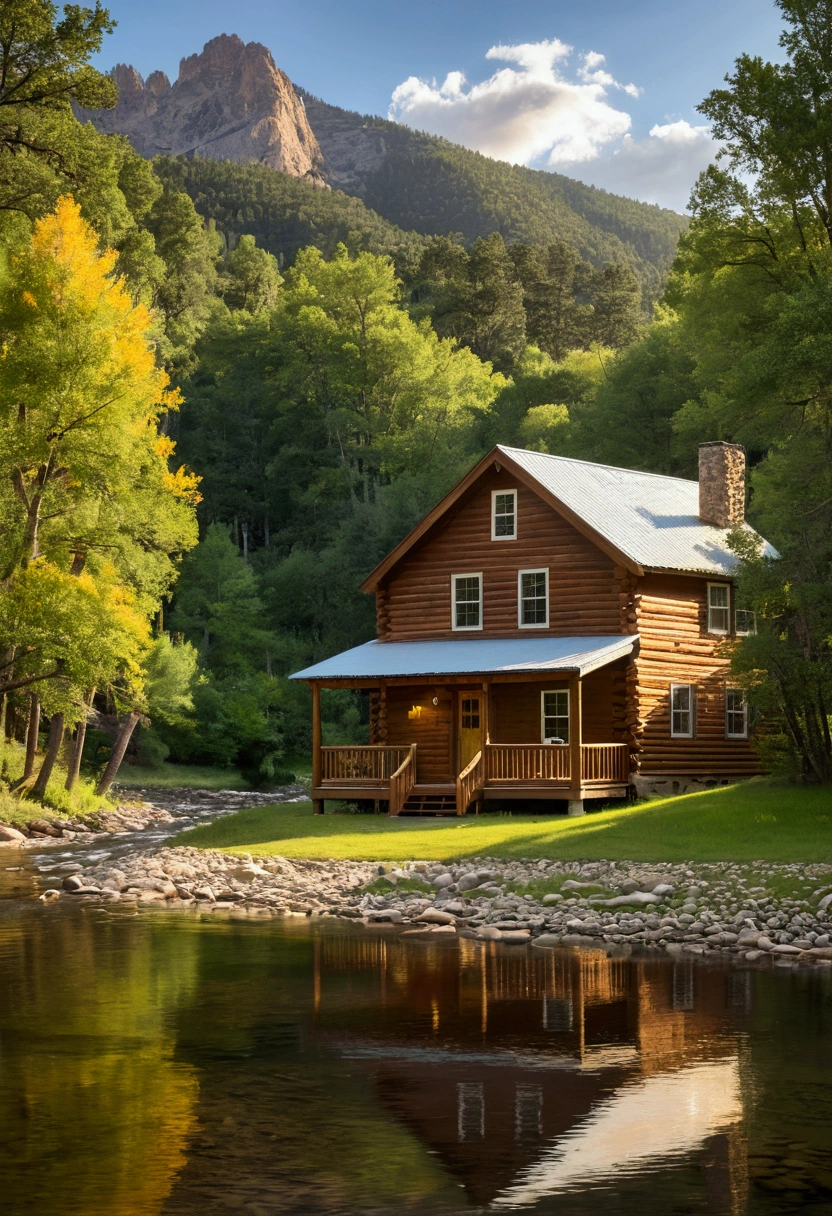 Imagine a cozy cabin nestled by a gentle river in the mountains. Surrounded by towering pines and vibrant wildflowers, the cabin exudes warmth and tranquility. The sound of the river's soft flow mingles with birdsong, creating a serene melody. Golden sunlight filters through the trees, illuminating the wooden porch where a rocking chair invites you to relax. The mountains stand majestically in the background, their peaks kissed by the sky.