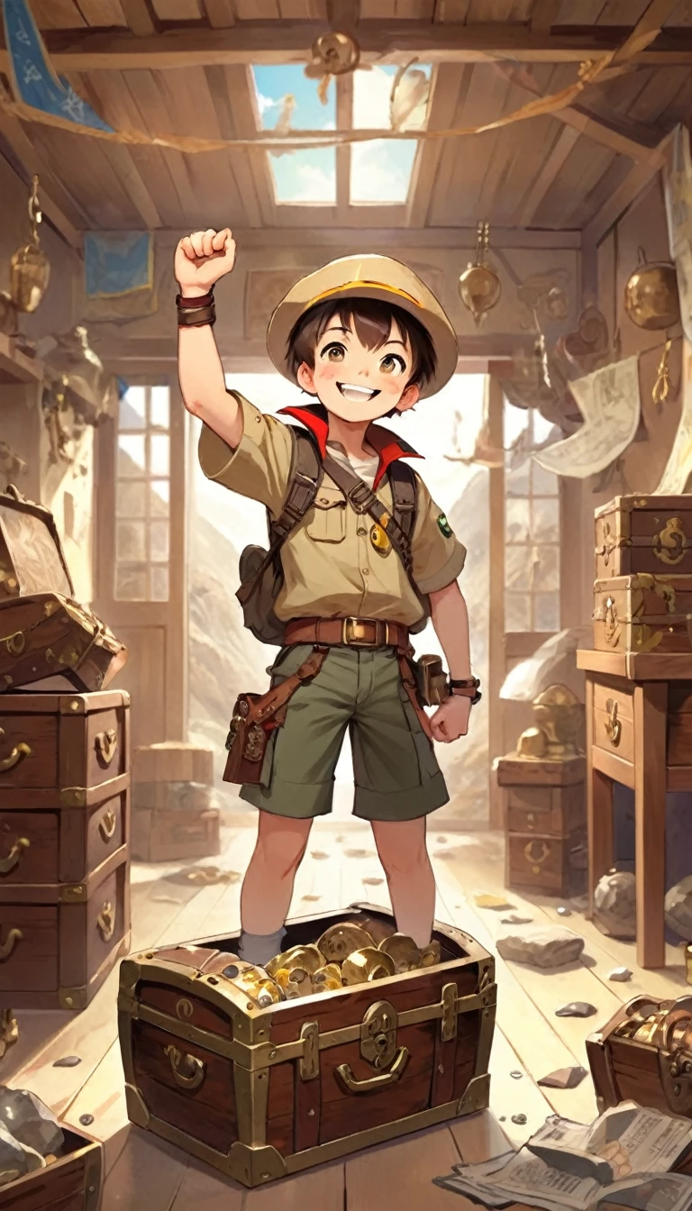 Boy Explorer,Adventurer、Treasure chest in background、Treasure in the background、Cool pose、smile、indoor、Stick out your arms、Anime Style